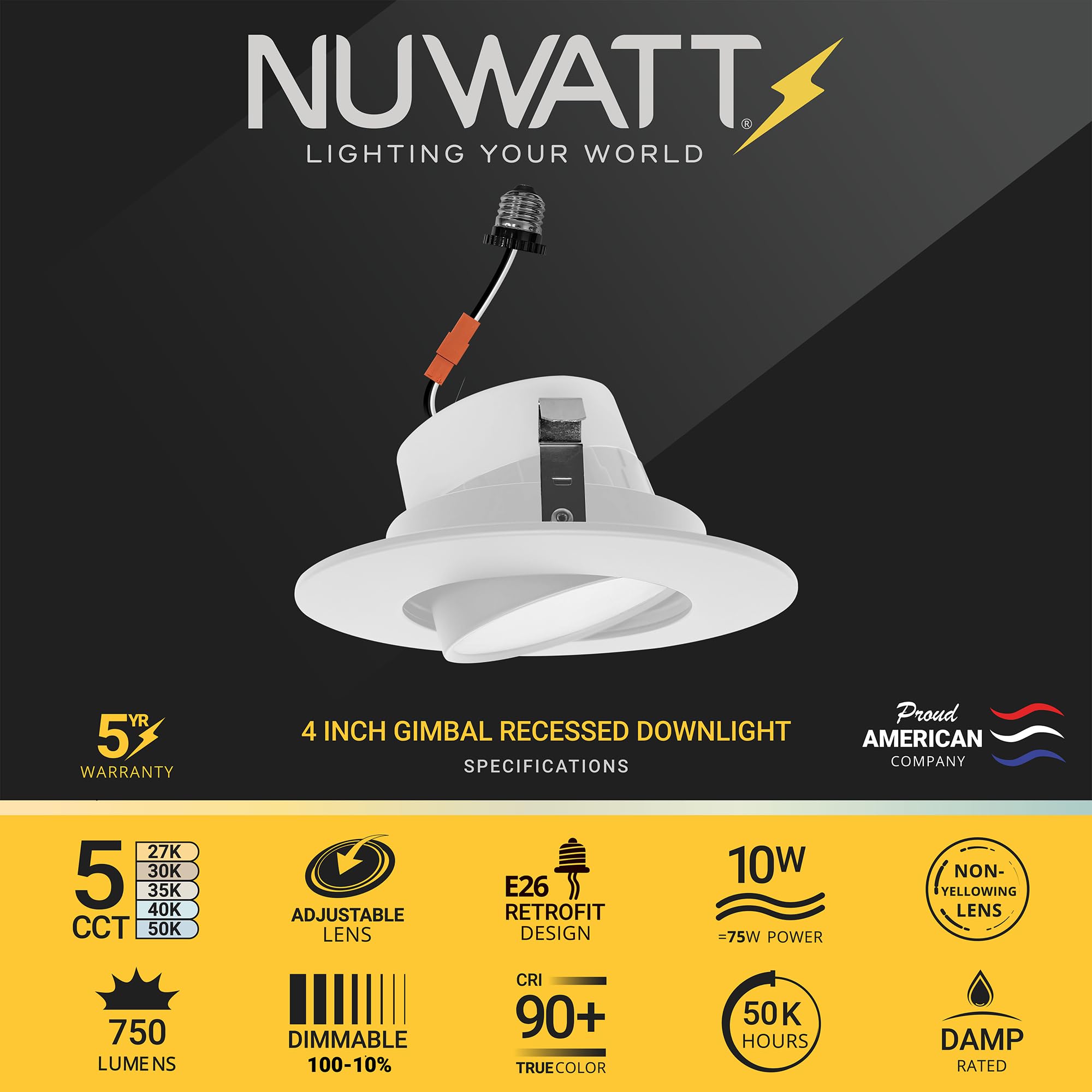 Nuwatt 24 Pack Retrofit 4 Inch Gimbal Led Recessed Light White Trim, High Lumen, 750Lm, 10W, 5Cct 2700K/3000K/3500K/4000K/5000K Selectable, Dimmable, Adjustable Lens Eyeball Downlight, Etl Listed