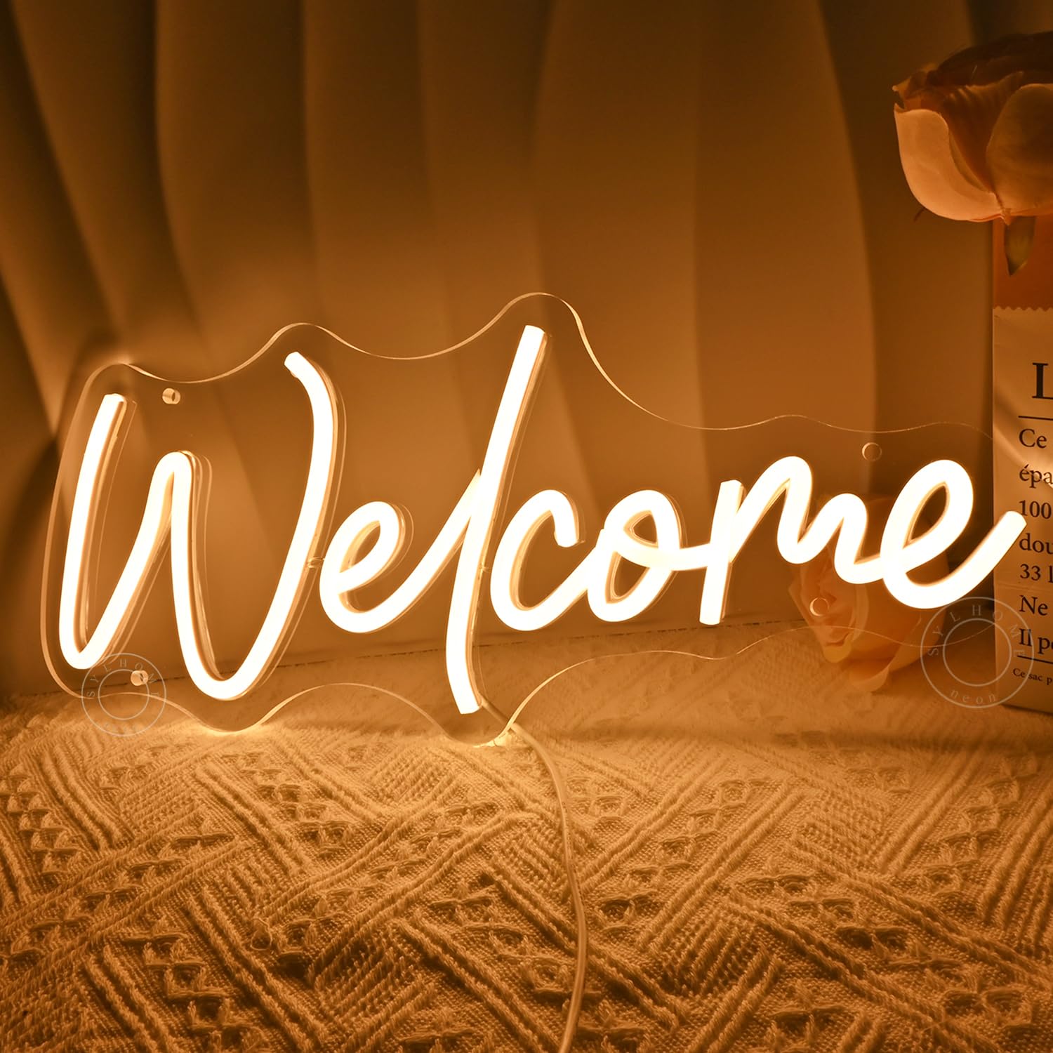 SYLHOME LED Neon Welcome Sign - Warm White Acrylic - 15.75in X 6.5in - Open Door Wall Decor for Business, Home, Bar, Pub, Party