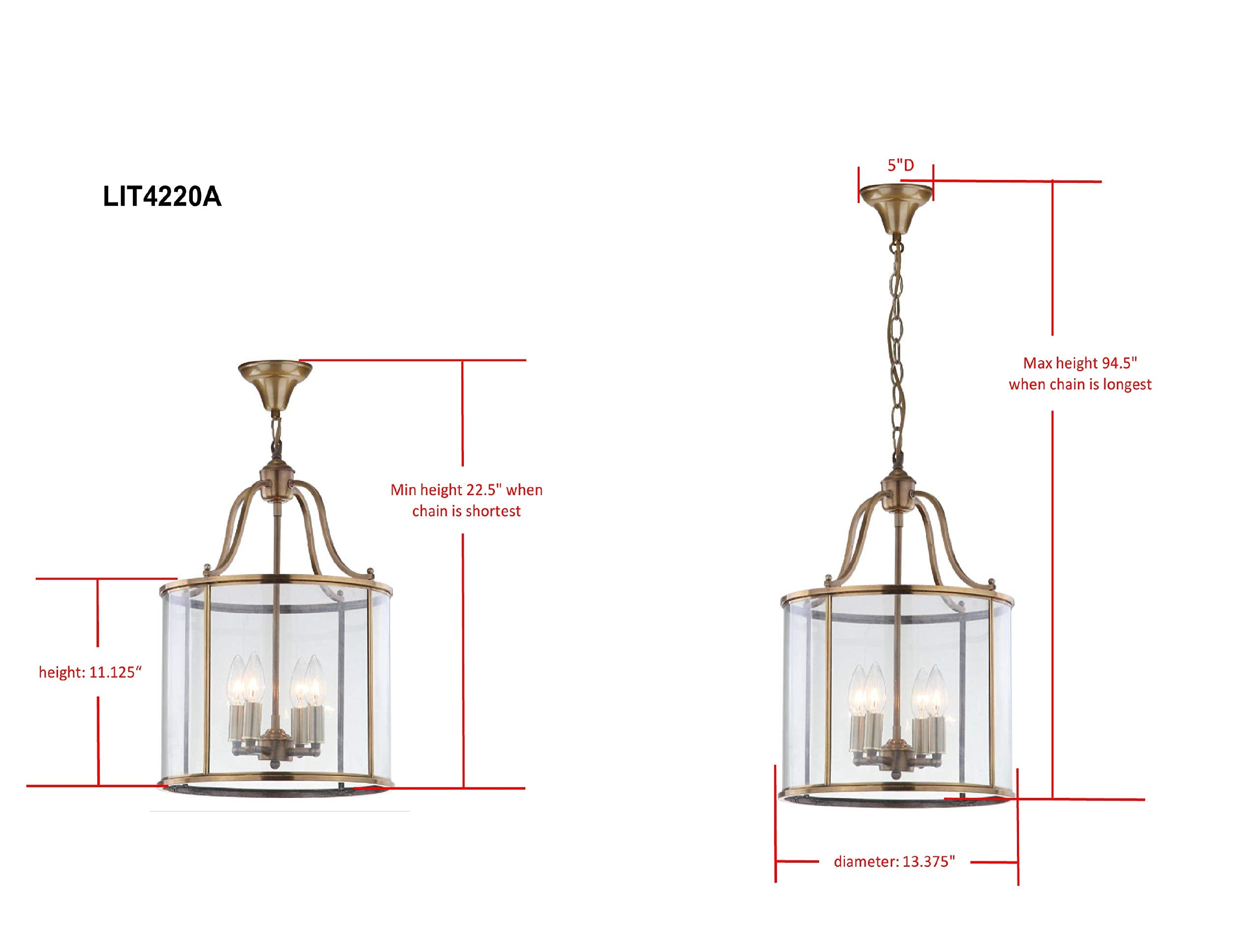 Safavieh Sutton Place 4-Light Adjustable Pendant Light Fixture, 13in Diameter, Brass and Clear Shade, Model LIT4220A, LED Bulbs Included