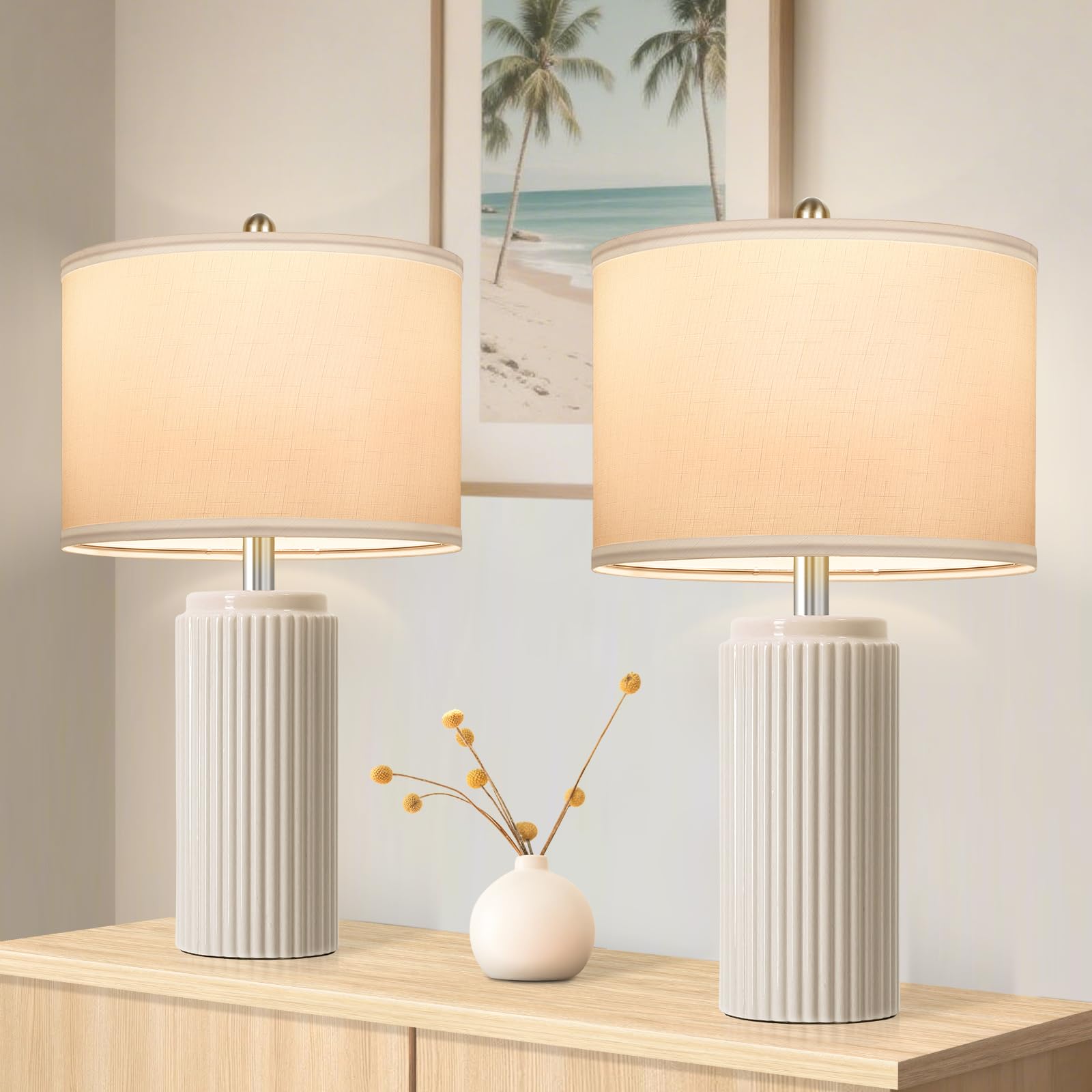 23.5 Beige Modern Ceramic Table Lamps Set of 2 for Living Room  Farmhouse Bedside Lamps with Upgraded White Linen Shade  Rustic Nightstand Lamps for Bedroom Home Office  Vintage End Table Dorm