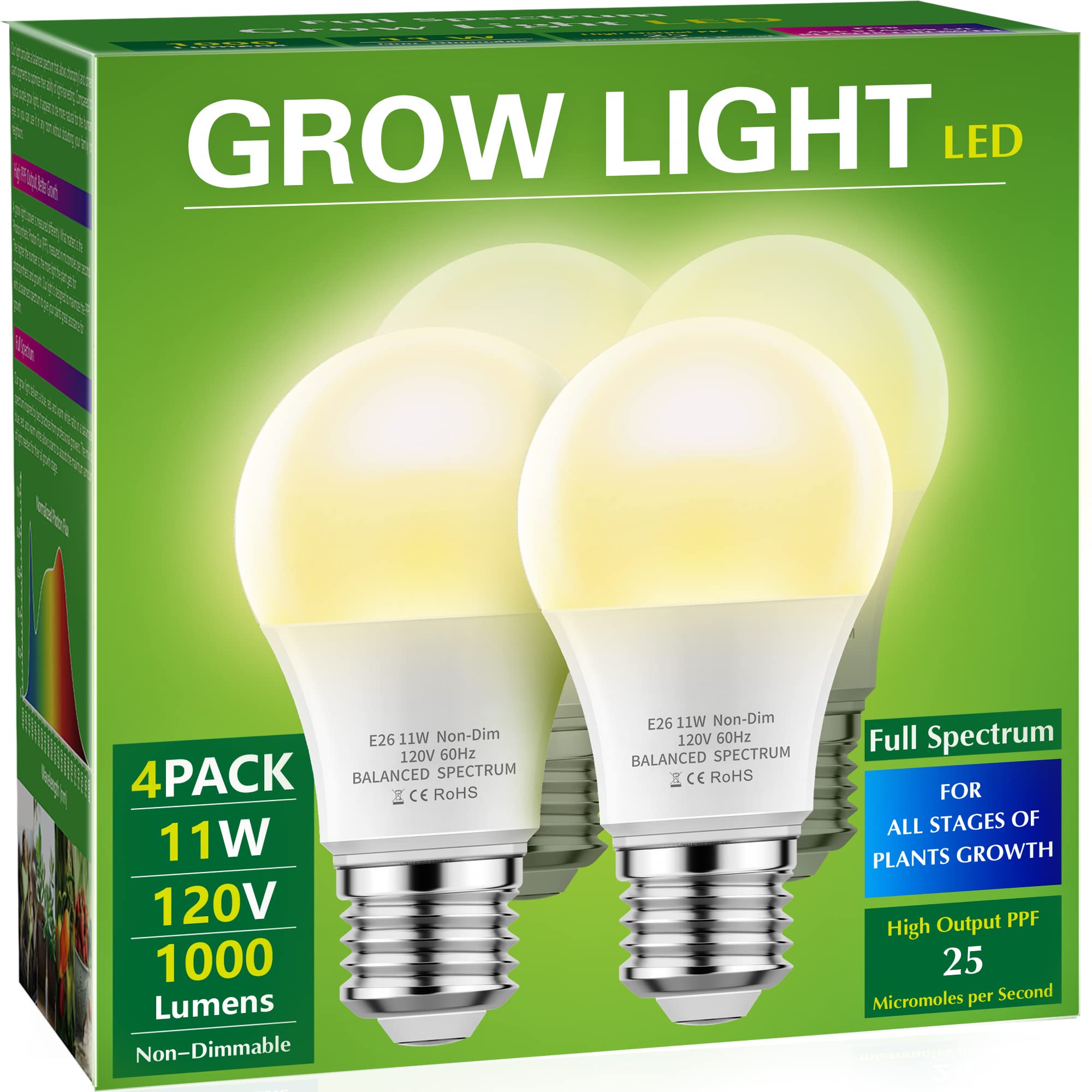 Briignite Grow Light Bulbs, Full Spectrum LED A19, 11W (100W Equivalent), 4 Pack, Warm White, E26 Base, Indoor Plant Lighting