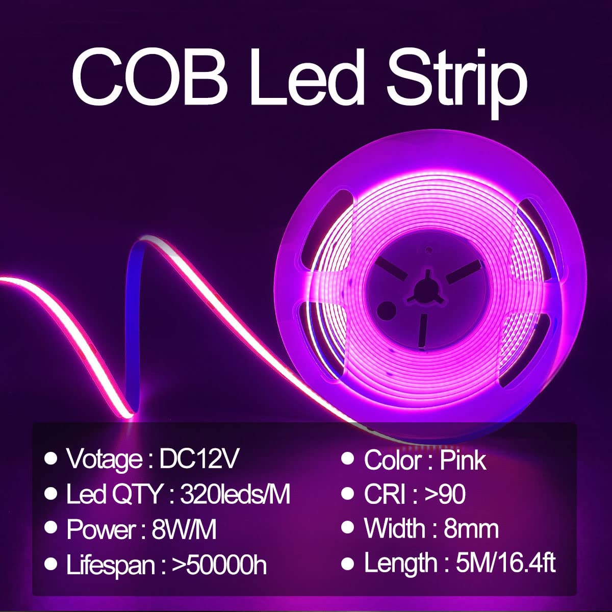 HAMRVL Pink COB LED Strip Lights, 16.4ft/5M, 320 LEDs/M, Flexible DC12V Tape for Indoor Home Lighting, Bedroom, Kitchen, Stage, DIY