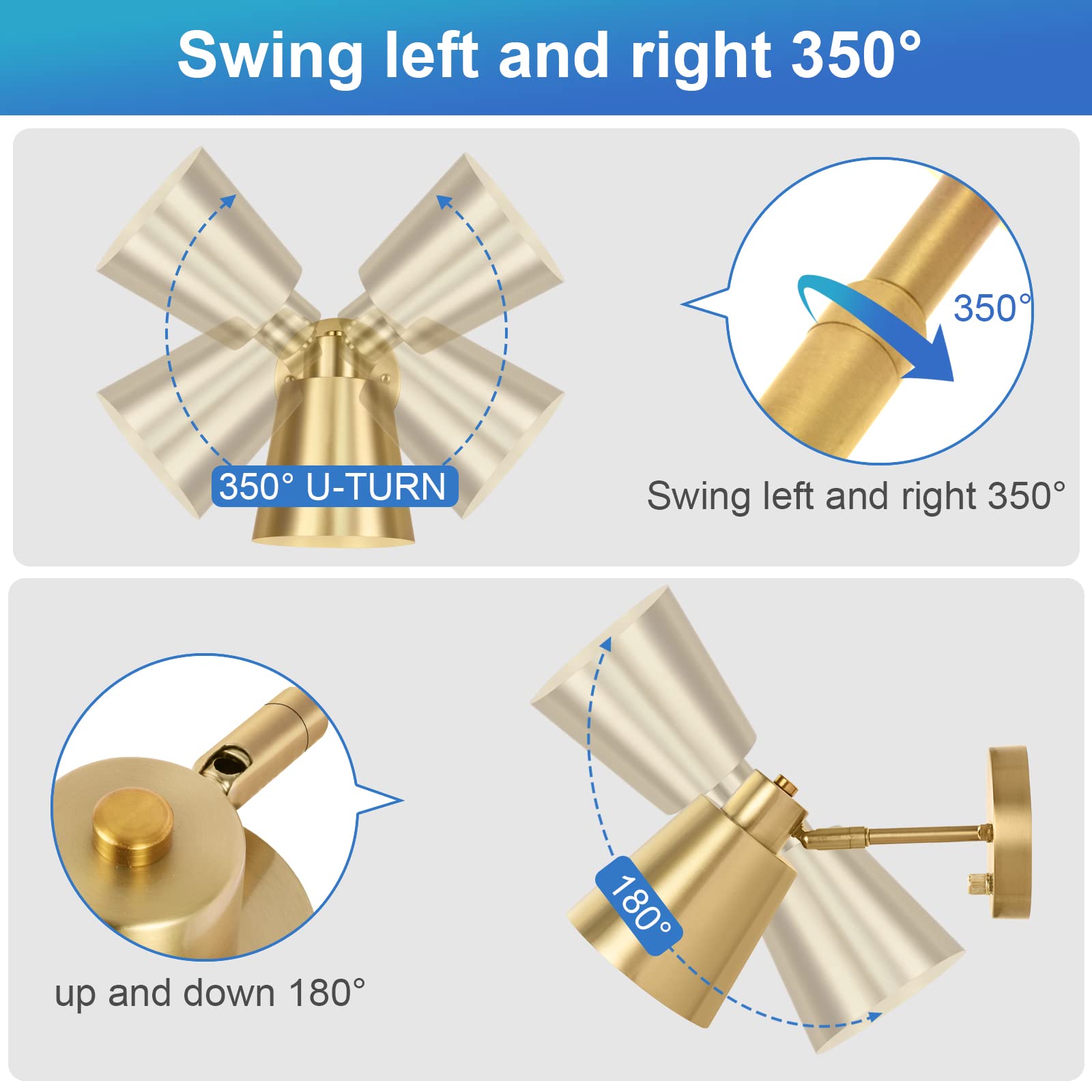 VATONI Dimmable Wall Sconce, Adjustable Angle, Brass, 1 Pack, Gold, Model Stlamp-Grs-1P