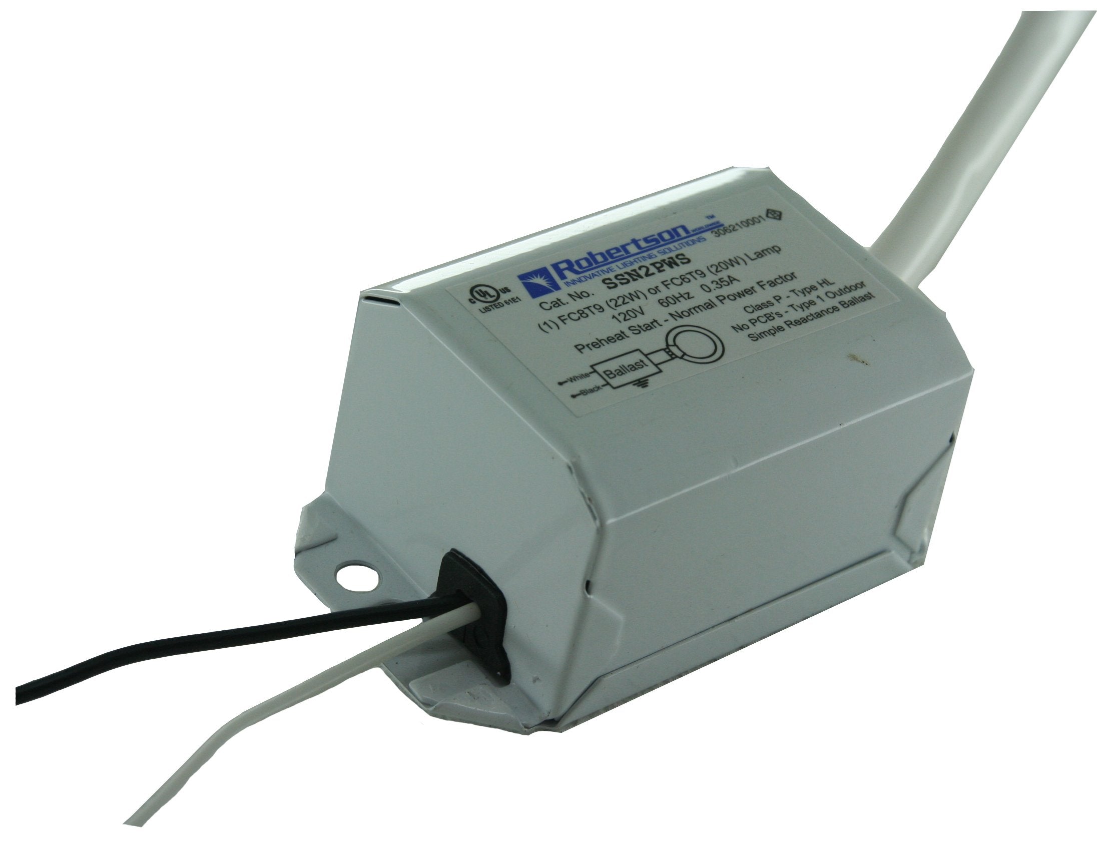 Robertson 3P10041 Individual Fluorescent Mballast, 1 Fc6T9 Or Fc8T9 Circline Lamp, Preheat Start, 120Vac, 60Hz, Normal Ballast Factor, Npf, Model Ssn2Pws /A