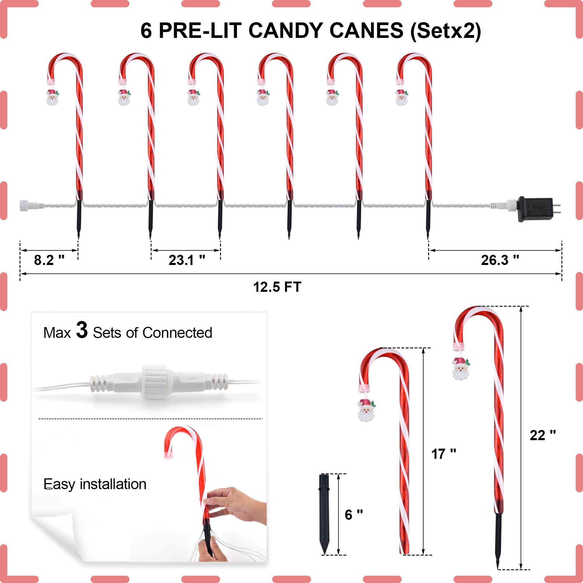 Vcoken Christmas Candy Cane Pathway Lights - 12 Pack 22'' Led Christmas Candy Cane Lights, Light Up Candy Canes For Outdoor Walk