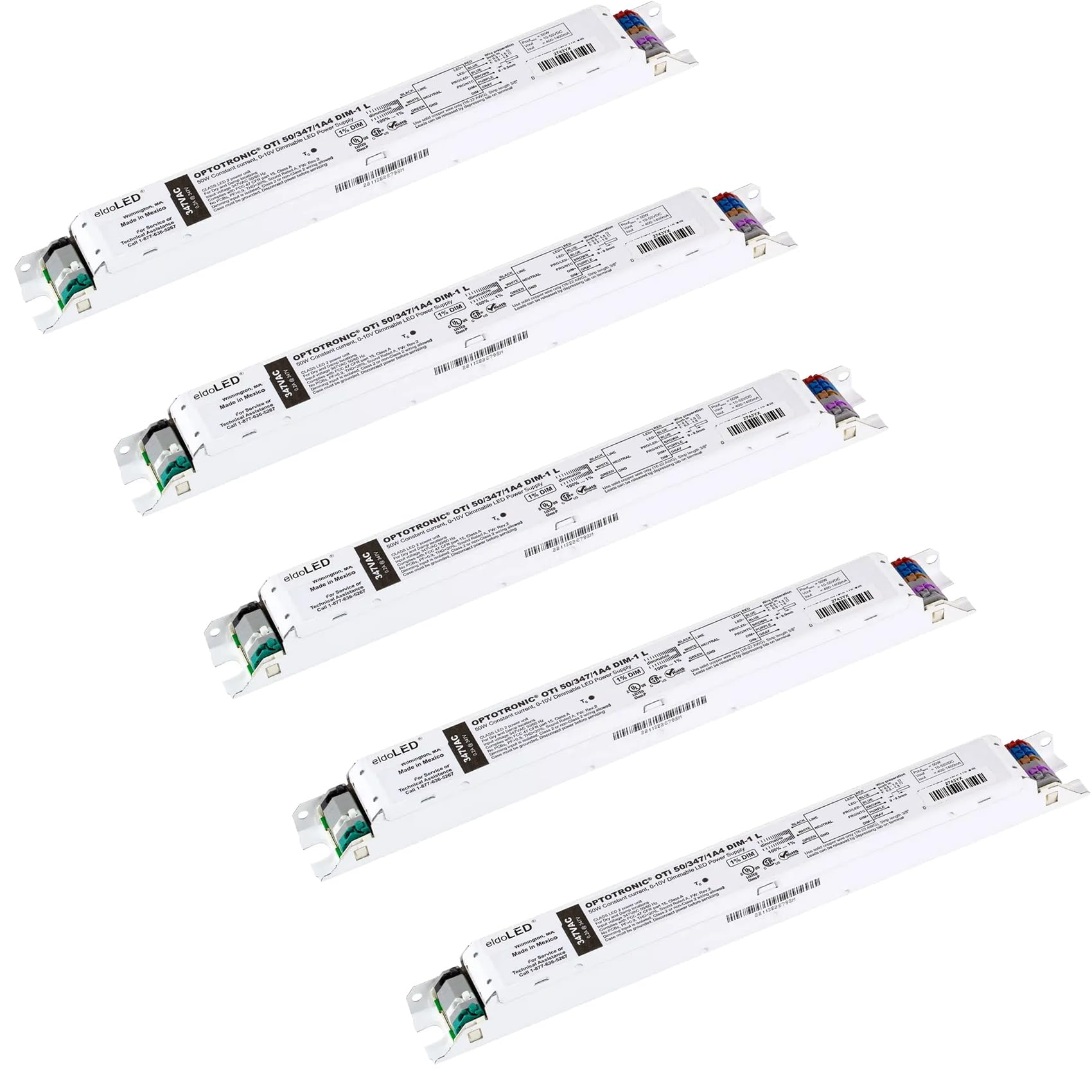 Pack of 5 - eldoLED *2743X7 OPTOTRONIC 50W Constant Current 0-10V Dimmable LED Driver, Programmable Linear OTi50/120-277/DIM-1L 