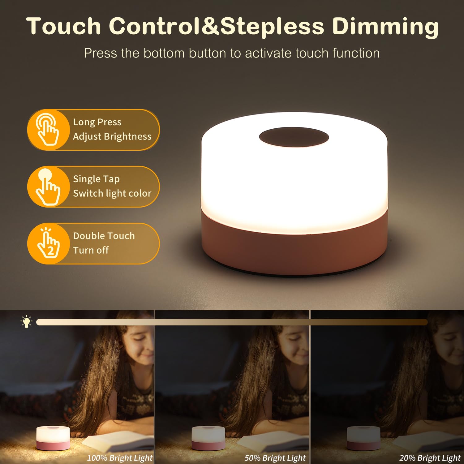JUSHENG Night Light, Rechargeable LED Touch Lamp, Stepless Dimming, Portable, Pink, Model CG0025PK
