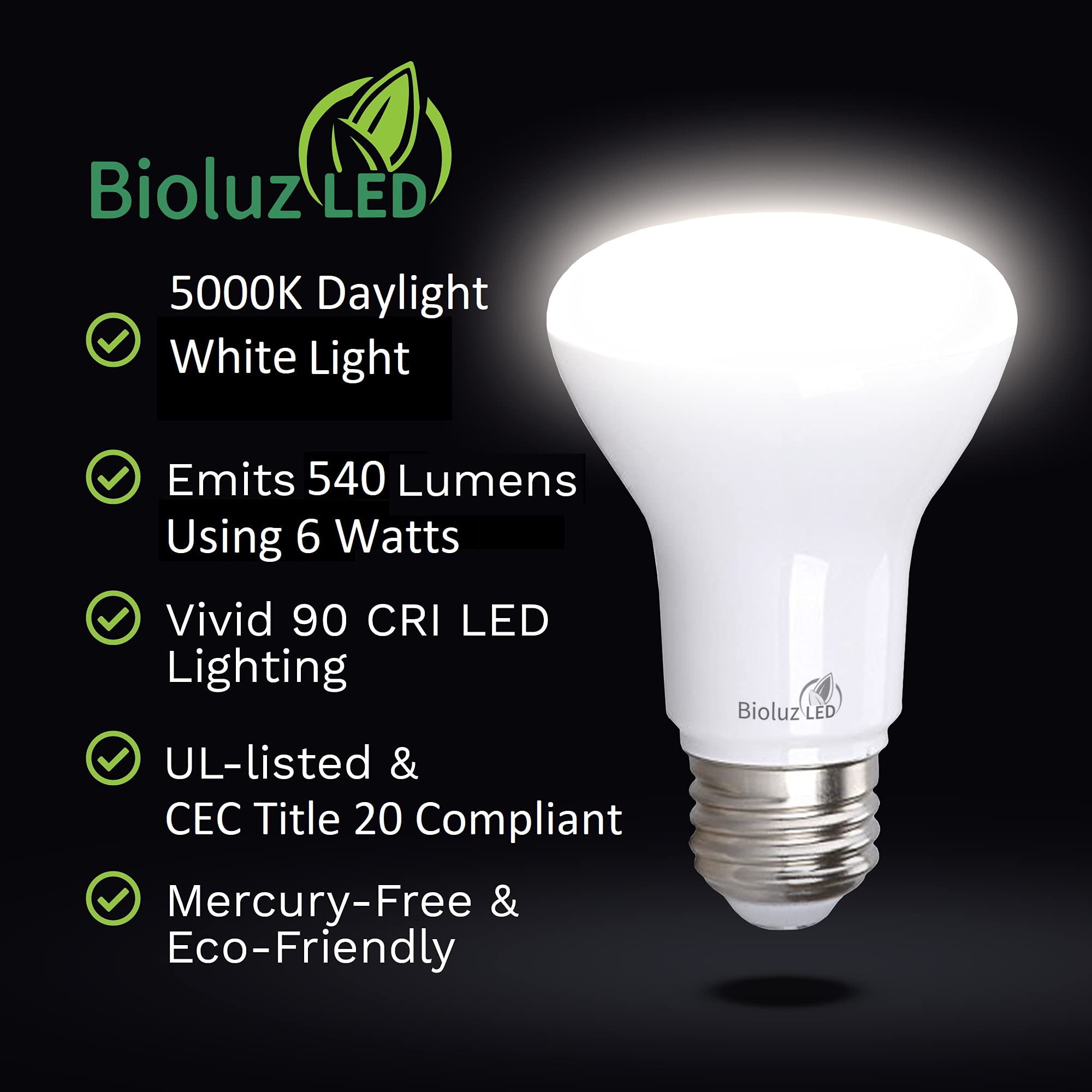 Bioluz Led 4 Pack Br20 Led Bulb 5000K Daylight Led Bulbs 6W=50W, 90 Cri, 540 Lumen, Dimmable Led Light Bulbs, Cool White Light B