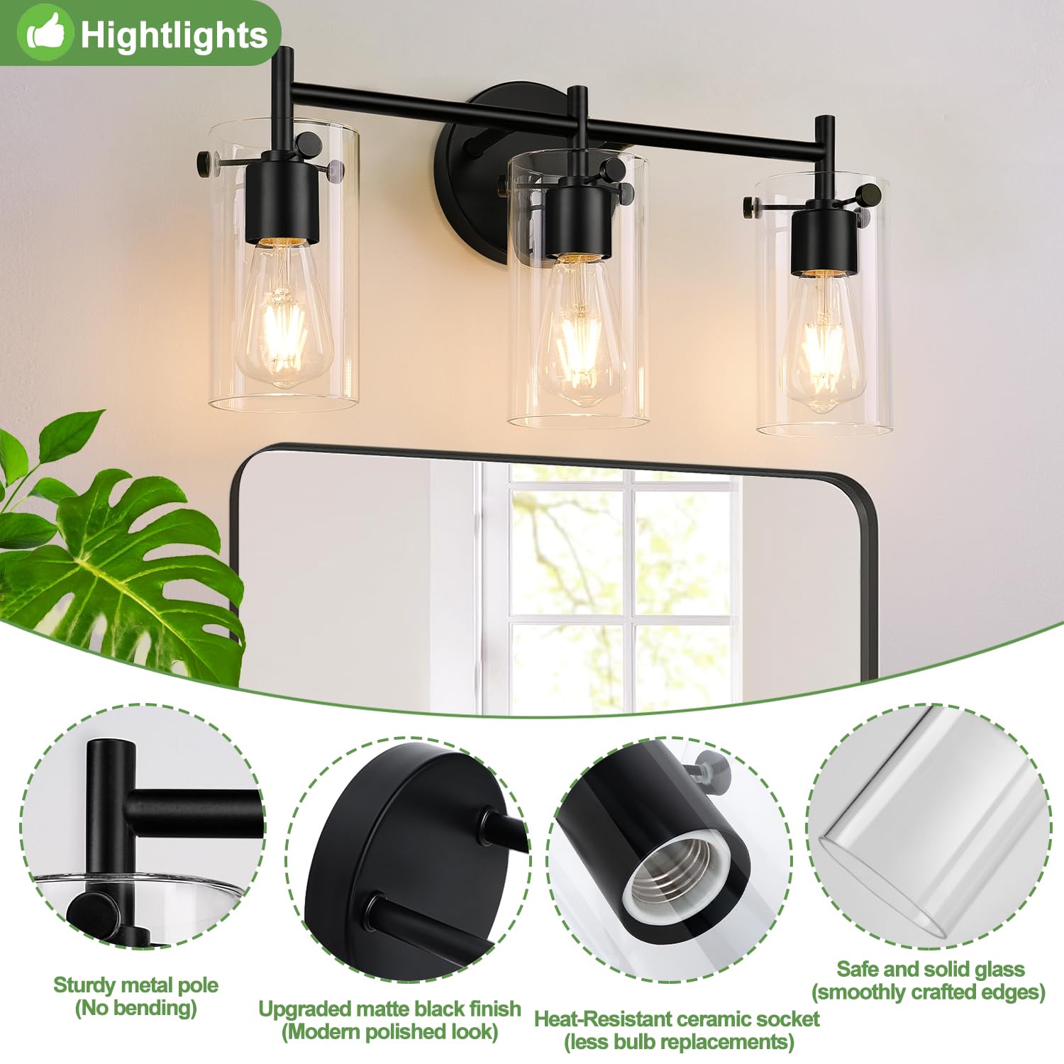 Indoi Bathroom Light Fixtures 2023 Upgrade, 3-Light Matte Black Vanity Light, Black Bathroom Lights Over Mirror With Clear Glass