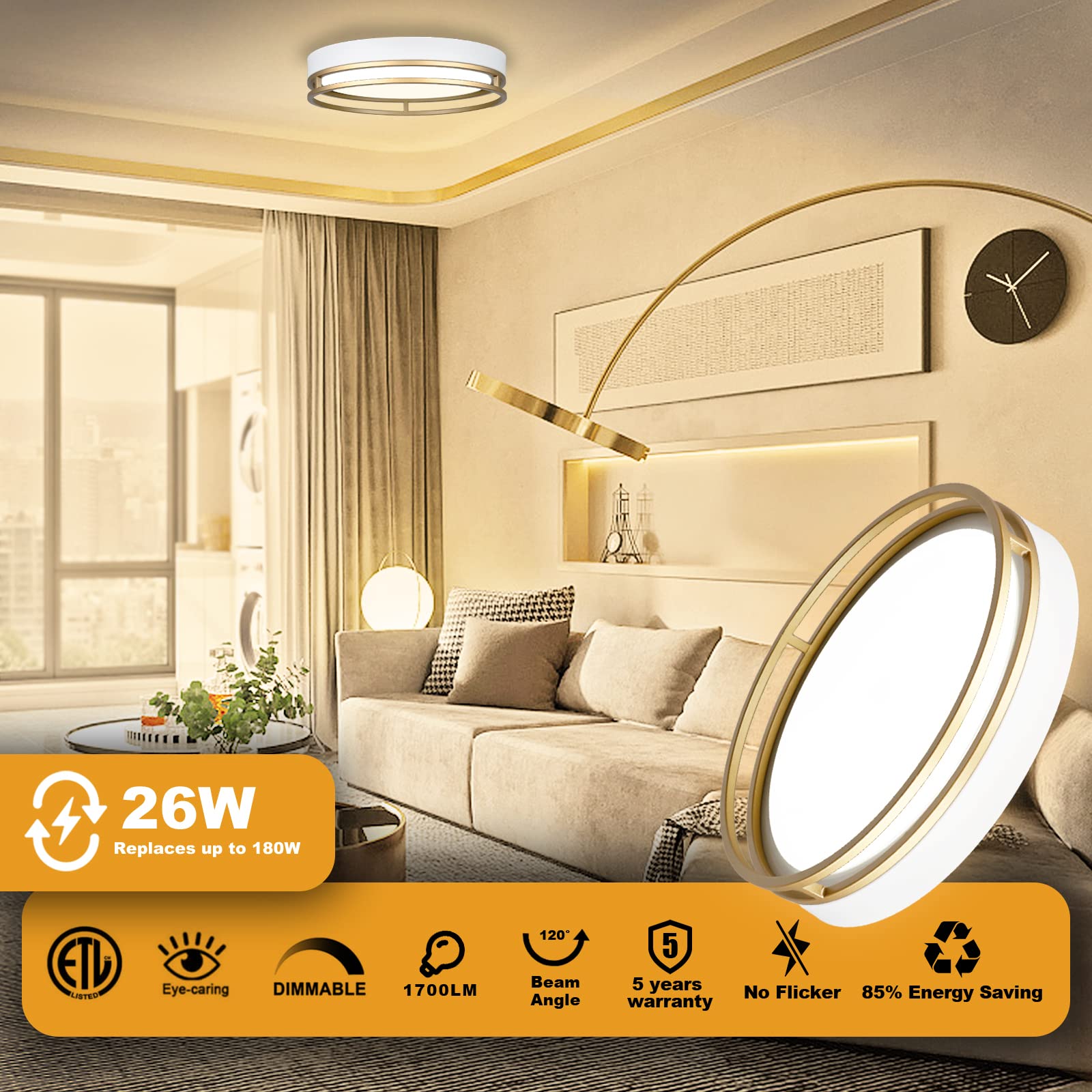 Flynix 12.5" LED Flush Mount Ceiling Light, 26W, 1700 Lumens, Dimmable, 3 Color Options, White Gold - Model PL-LF132