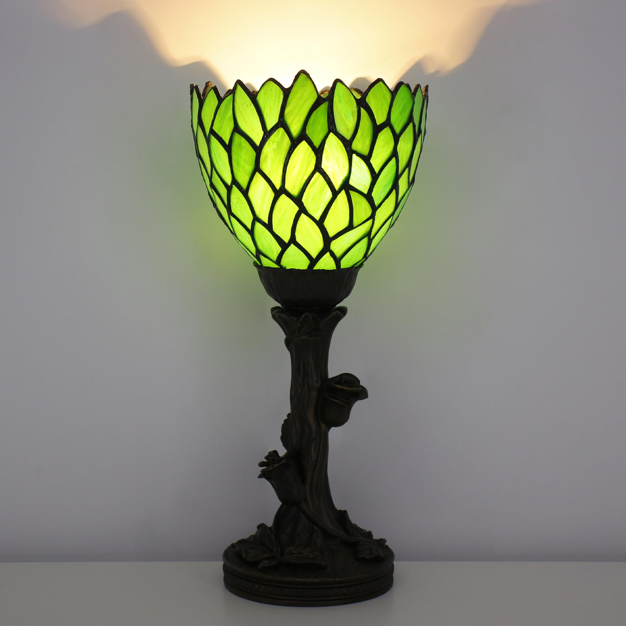 Avivadirect Small Tiffany Lamp Mini Stained Glass Table Lamp Green Wisteria Accent Desk Uplight W6 H13.5 Inch Bronze Resin Base
