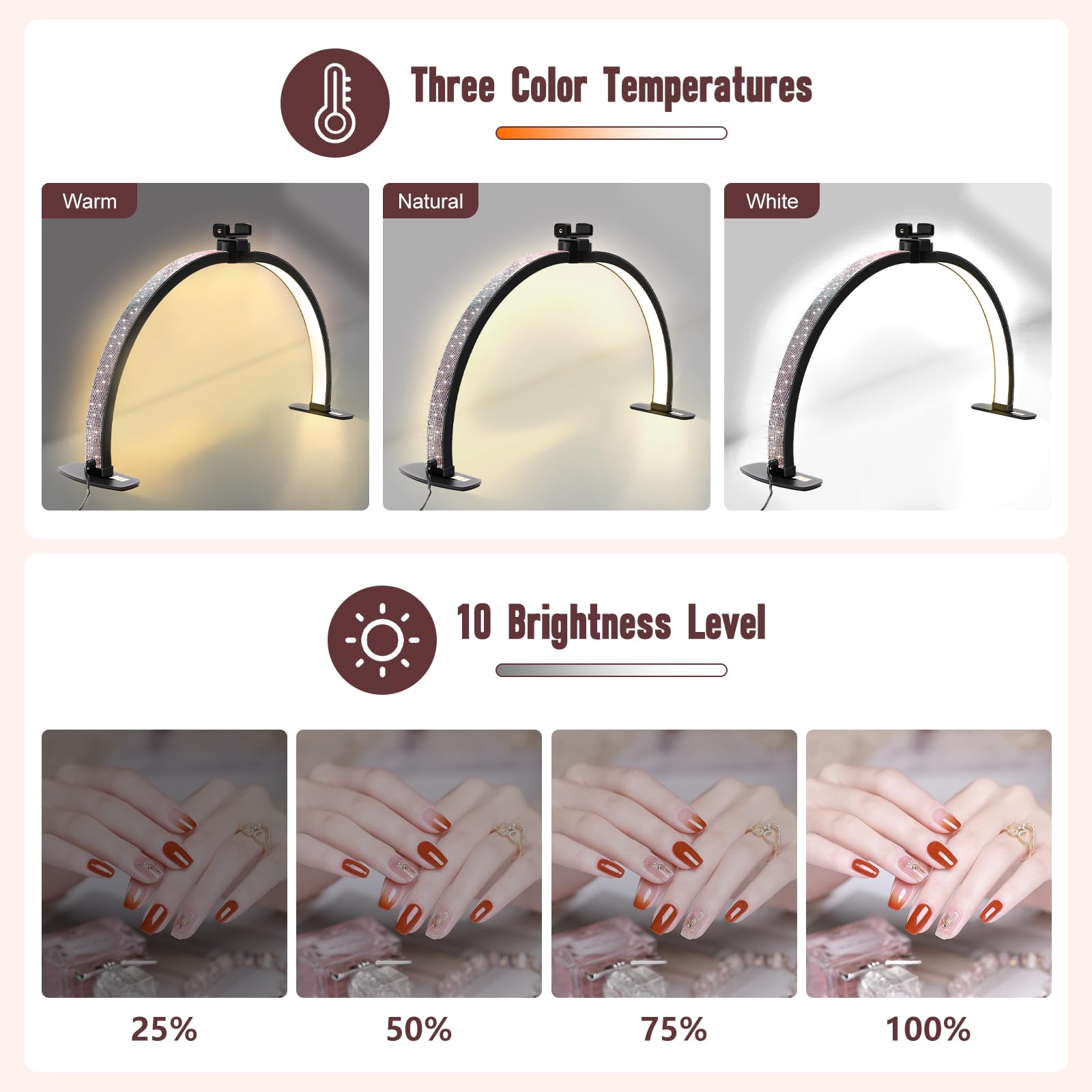 Half Moon Light For Nail Desk With Phone Holder, 28In Folding Half-Moon Lamp With Shinning Diamond, Led Light For Manicure, Eyel