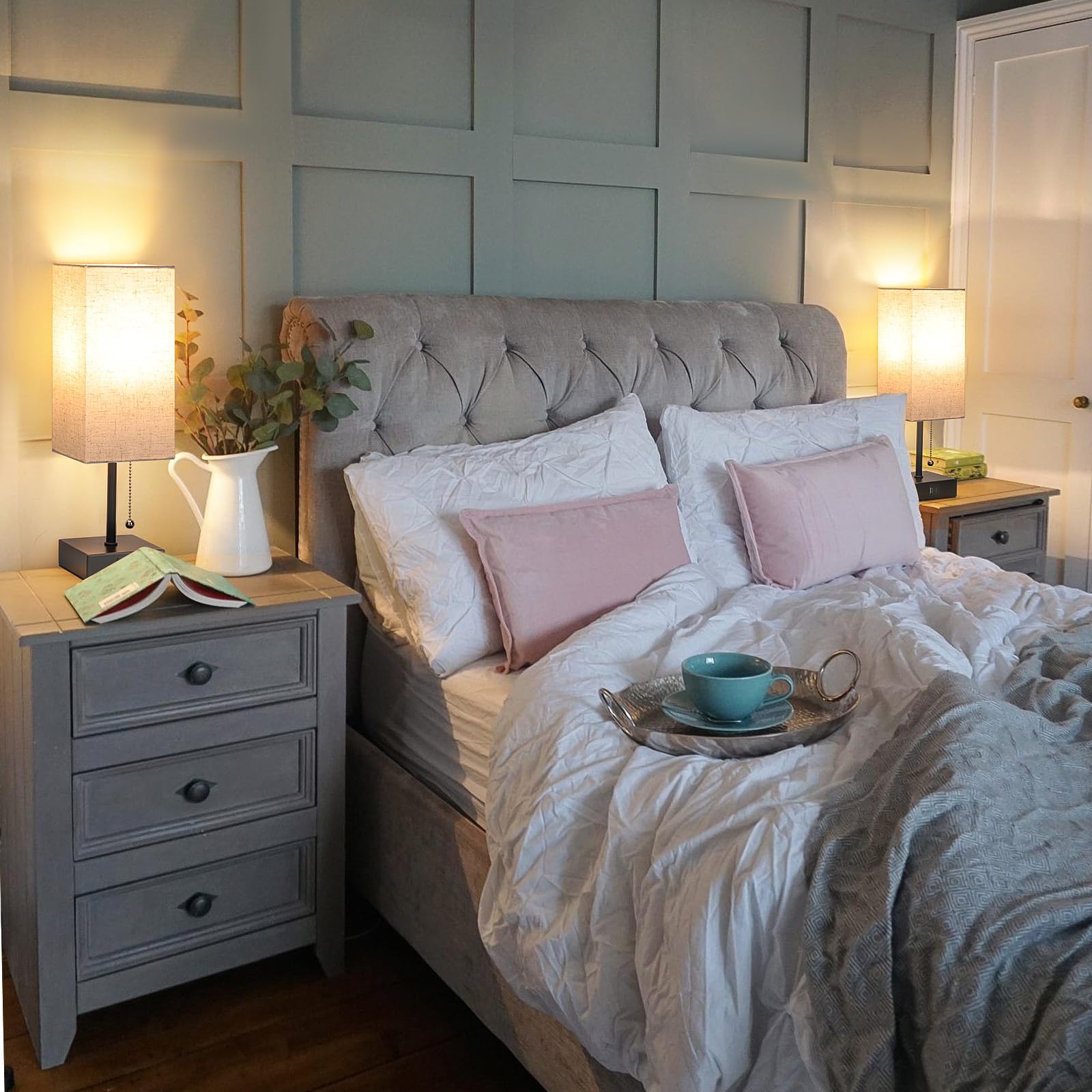 Ggoying Bedside Table Lamp, Pull Chain Bedroom Lamp With Usb C+A Charging Ports, 2700K Led Bulb, Linen Lampshade, Nightstand Lam