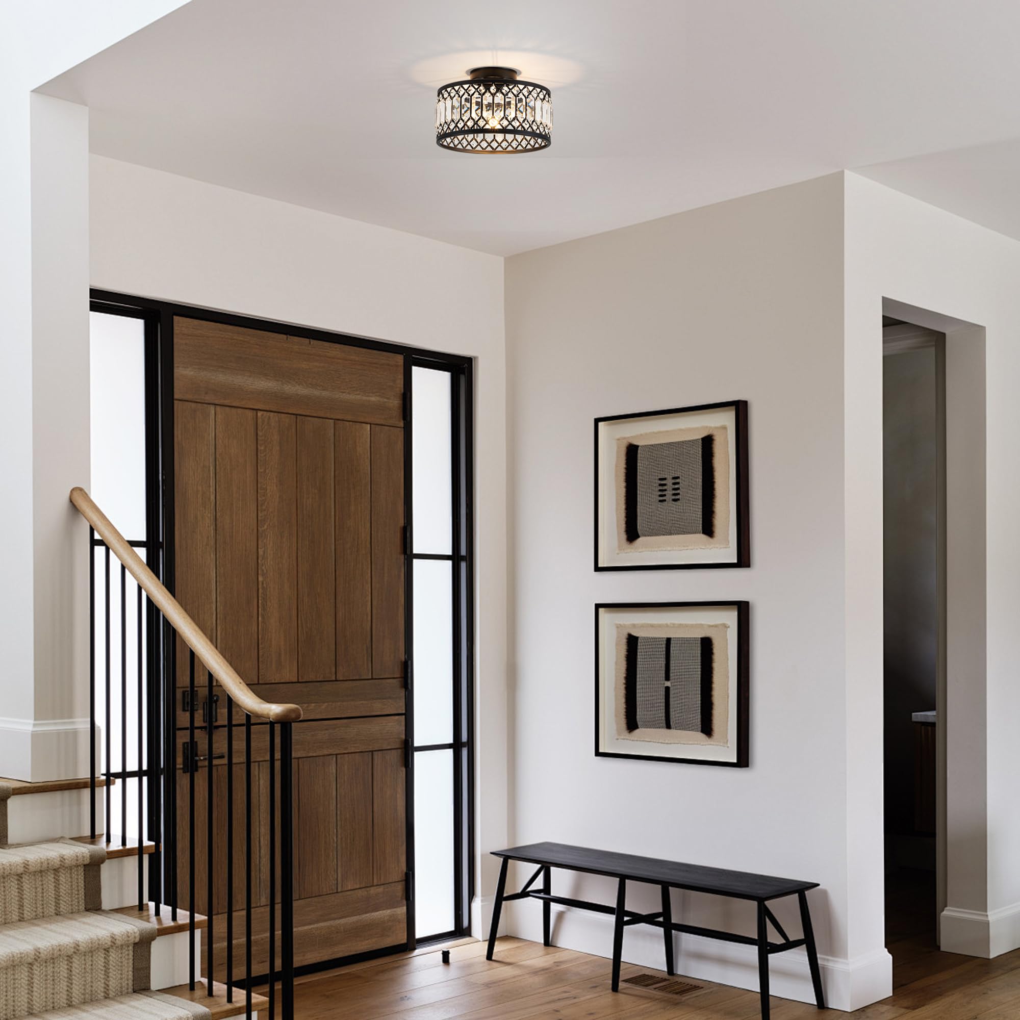 Zlepmlla Crystal Black Ceiling Light, Modern Semi Flush Mount Ceiling Light Fixture, Round Small Chandelier For Hallway Entryway