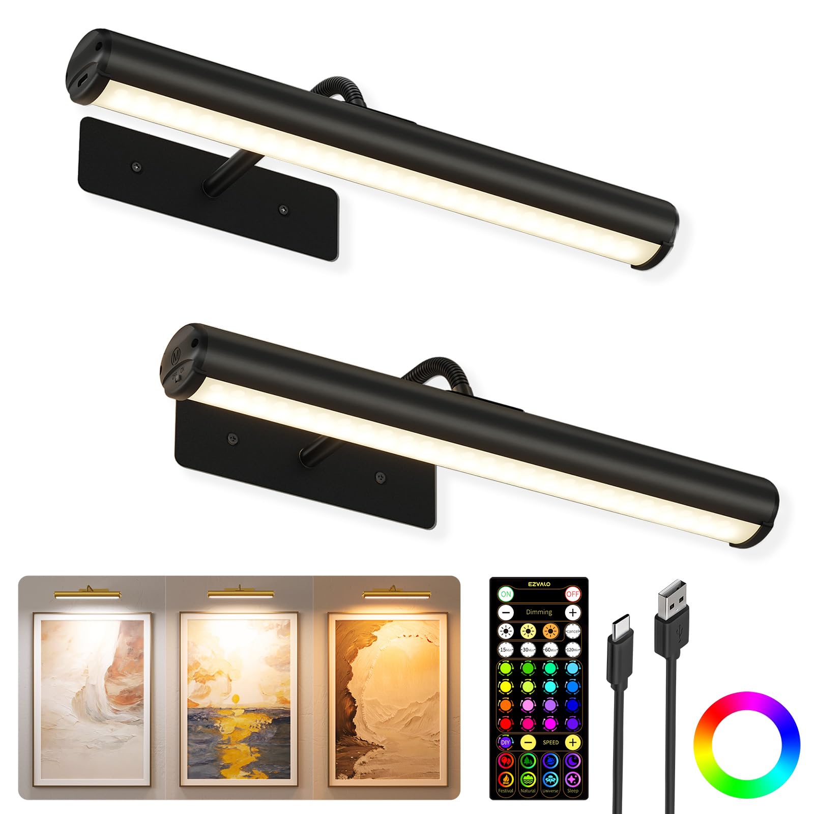EZVALO 13 Inch Wireless Picture Lights, 4000mAh Rechargeable Battery RGB Colors Lights with Remote, Dimmable 3 Color Temps LED P