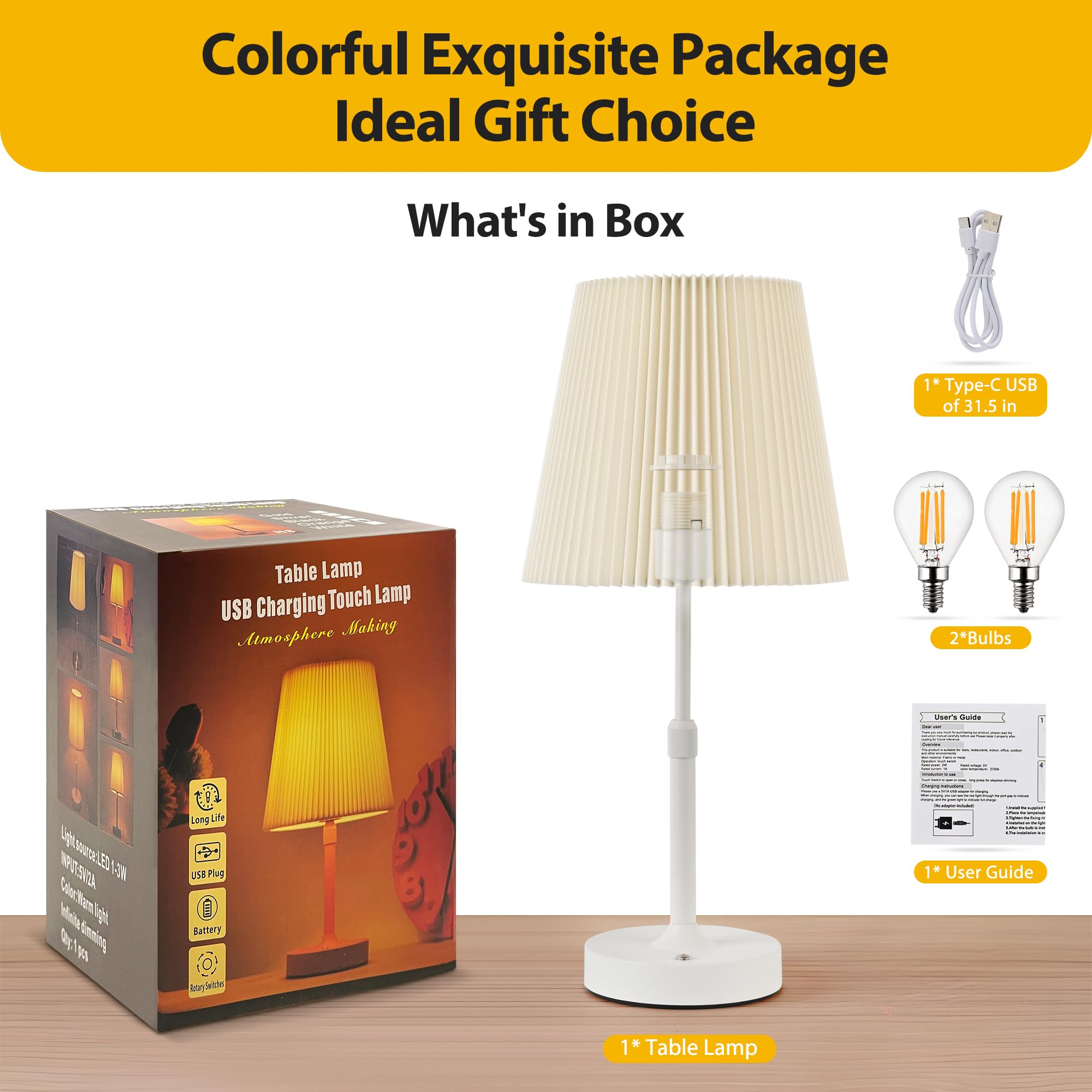 Hiseego Cordless Table Lamp, 2700K Stepless Dimmable Wireless Touch Lamp With 2 Bulbs, 5200Mah Rechargeable Battery Operated Lam