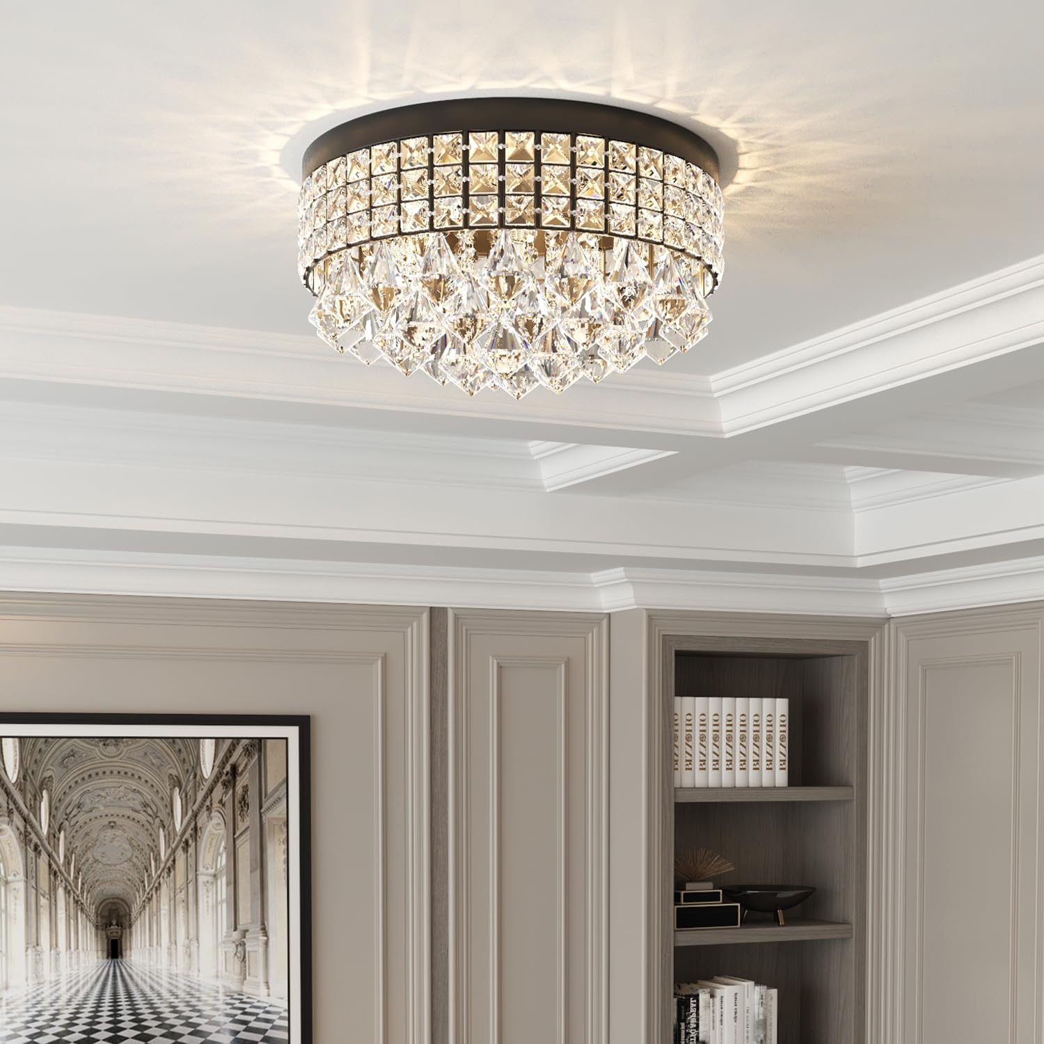 Maxax 4 Lights Crystal Chandelier, Recessed Drum Ceiling Light, Mini Crystal Flush Mount Round Metal Shade Raindrop Chandelier C