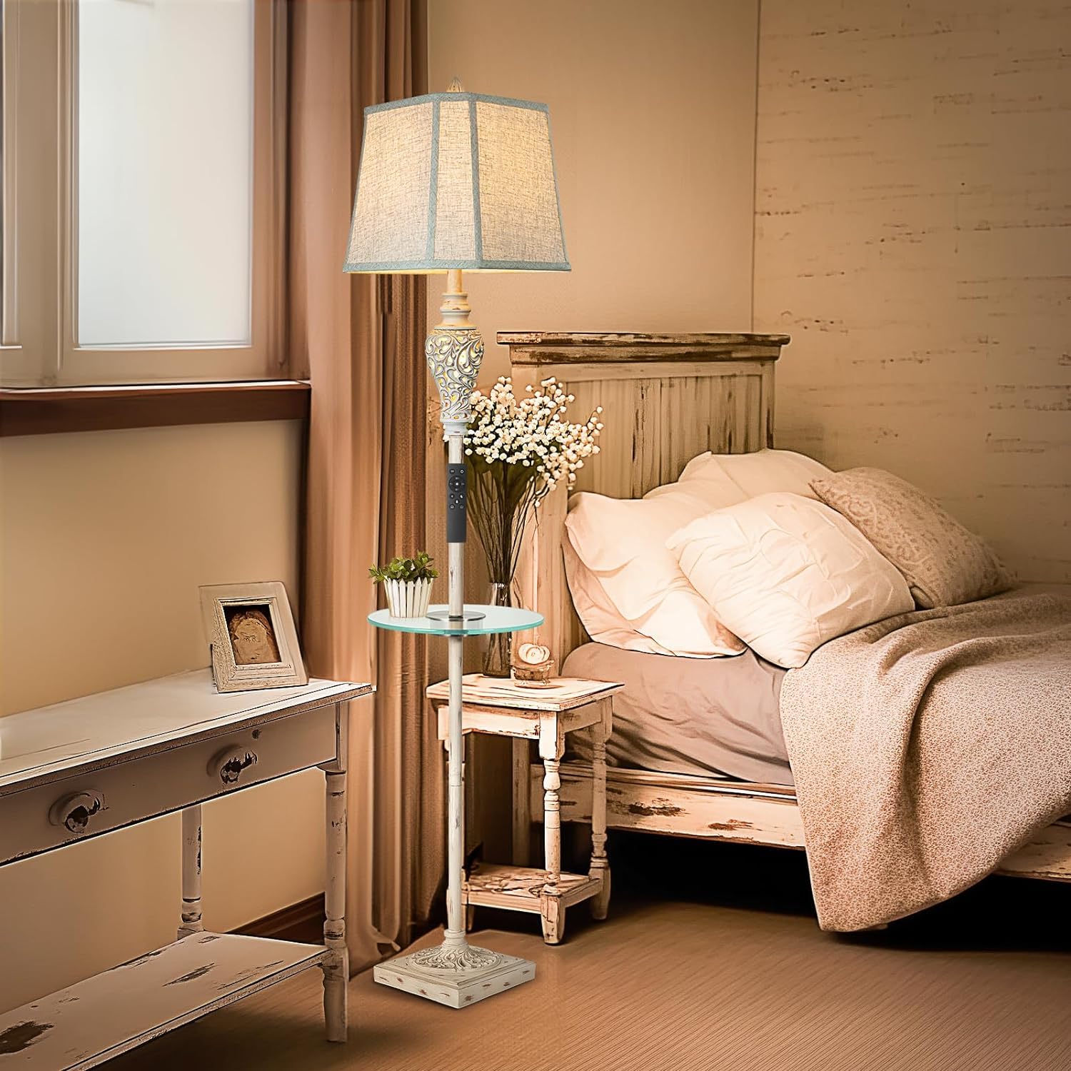 Luxsight Rustic Floor Lamp With Tray, Remote Control, Usb Ports, Smart Bulbs - Living Room Lighting