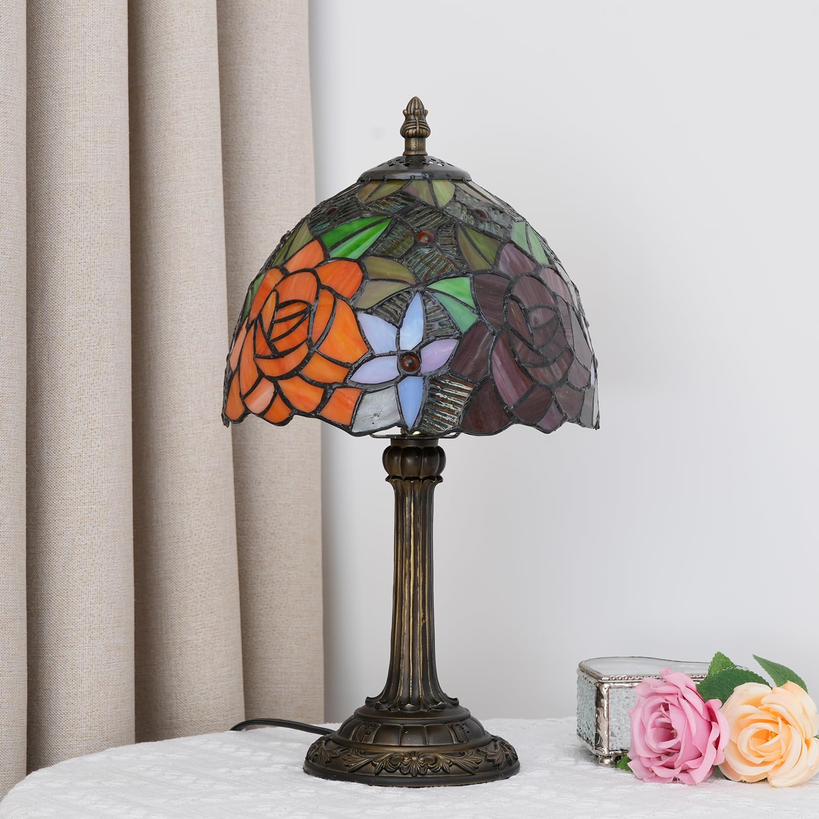 Wecrejoni 8 Inches Stained Glass Table Lamp Gorgeous Rose Tiffany Style Bedside For Desk Reading Light Bedroom Dorm Living Kitch