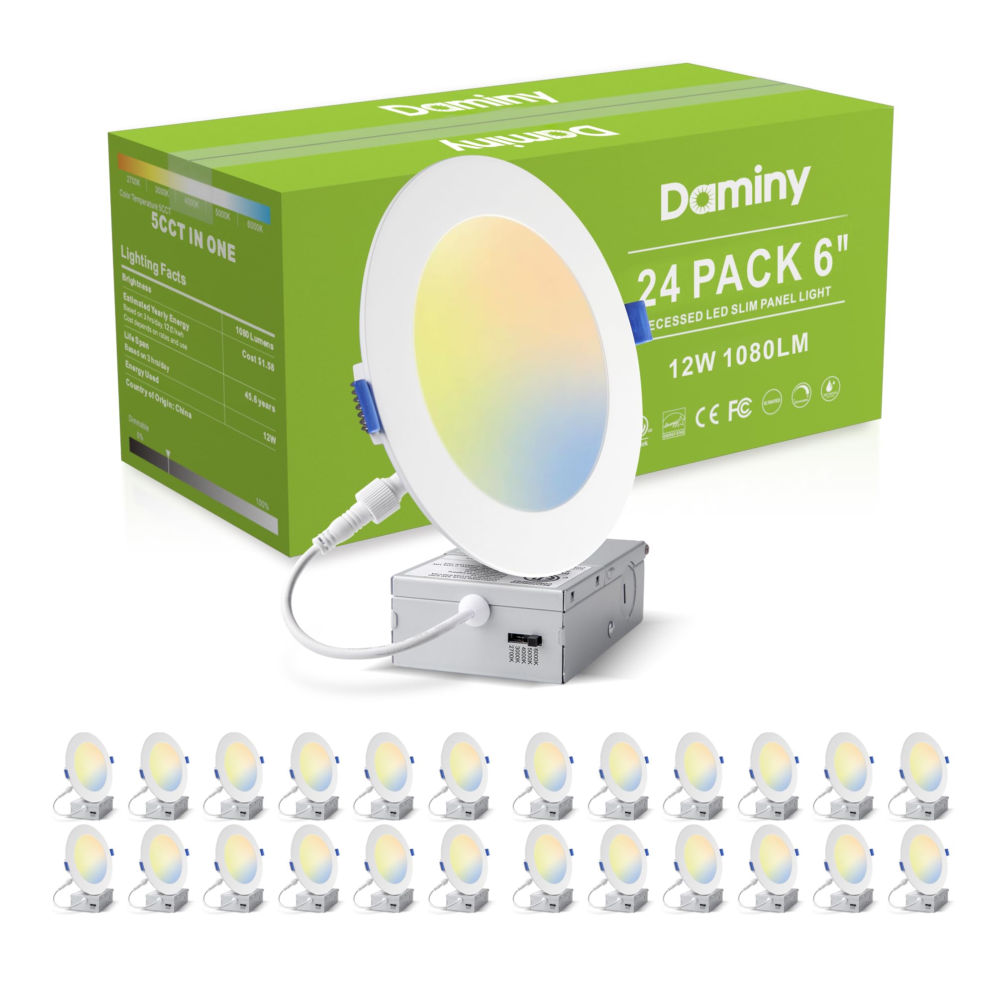 DAMINY 24 Pack 6 Inch LED Recessed Lighting with Junction Box,5CCT,Ultra-Thin Recessed Light,12W 1080lm, Dimmable Canless Wafer 