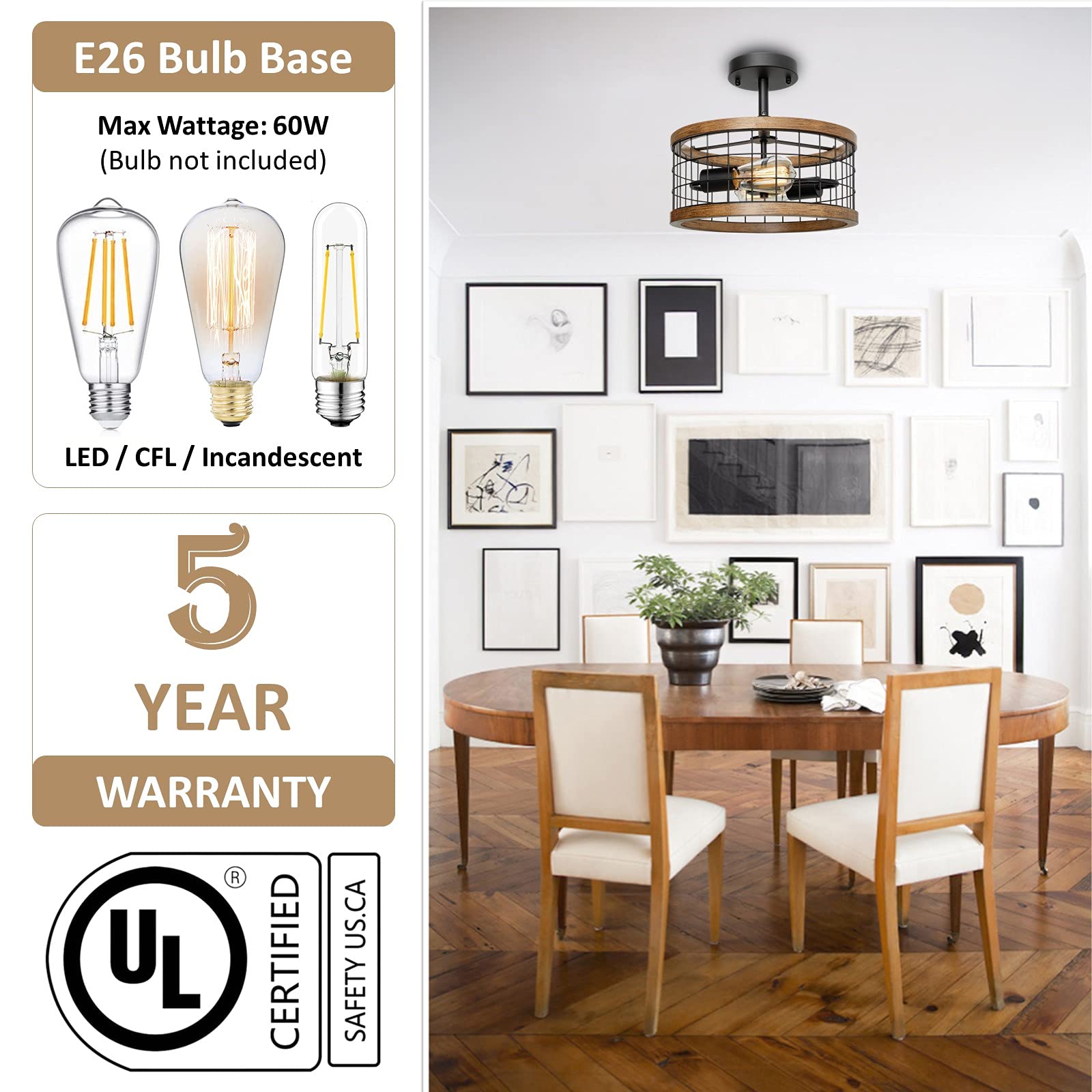 2-Light Farmhouse Semi Flush Mount Ceiling Light Fixture, Rustic Drum Wood Ceiling Lamp For Hallway Kitchen Entryway Foyer Bedro