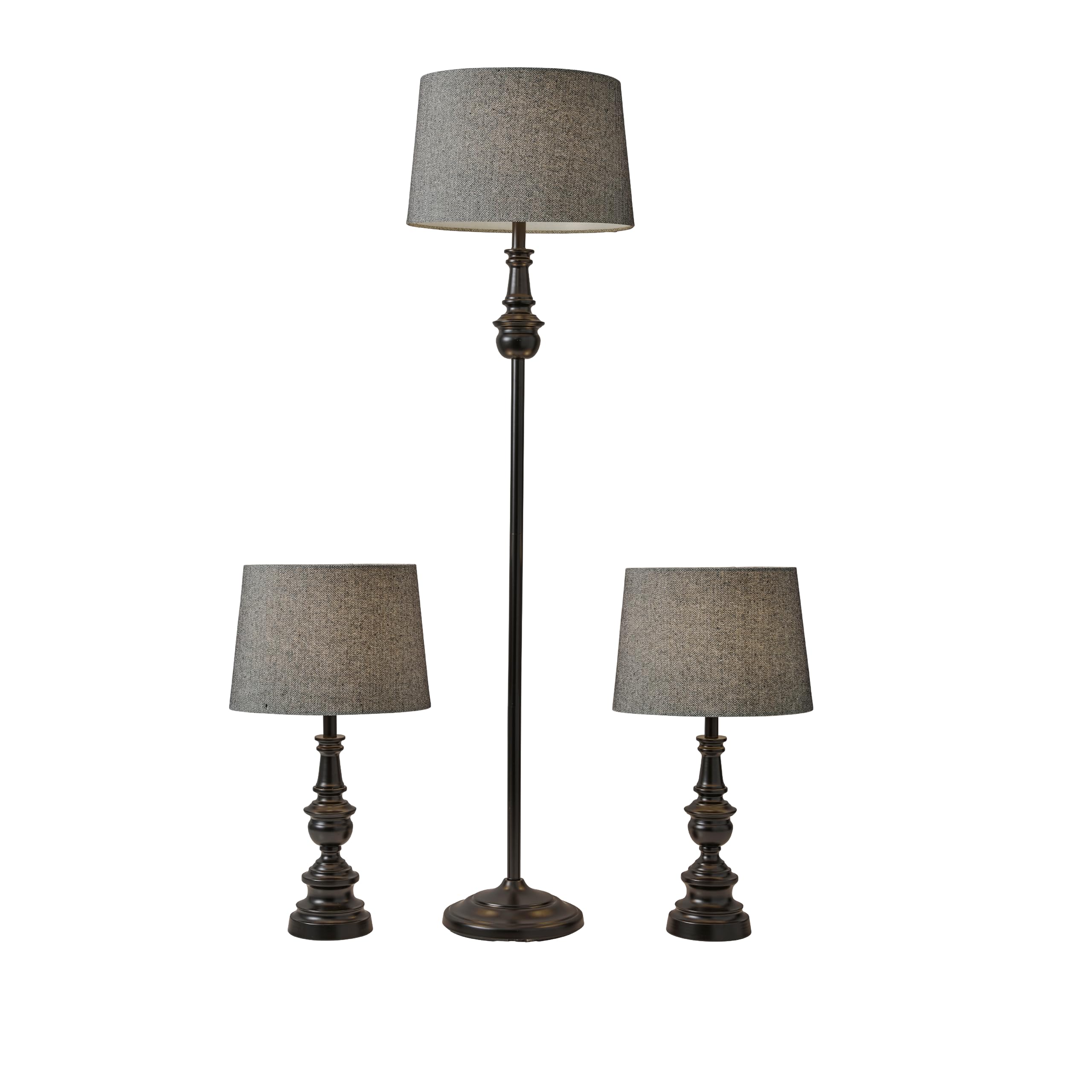 Adesso 3-Piece Lamp Set - Two Table Lamps & One Floor Lamp, Bronze Base, Dark Herringbone Shade, Model 1591-01, Gray