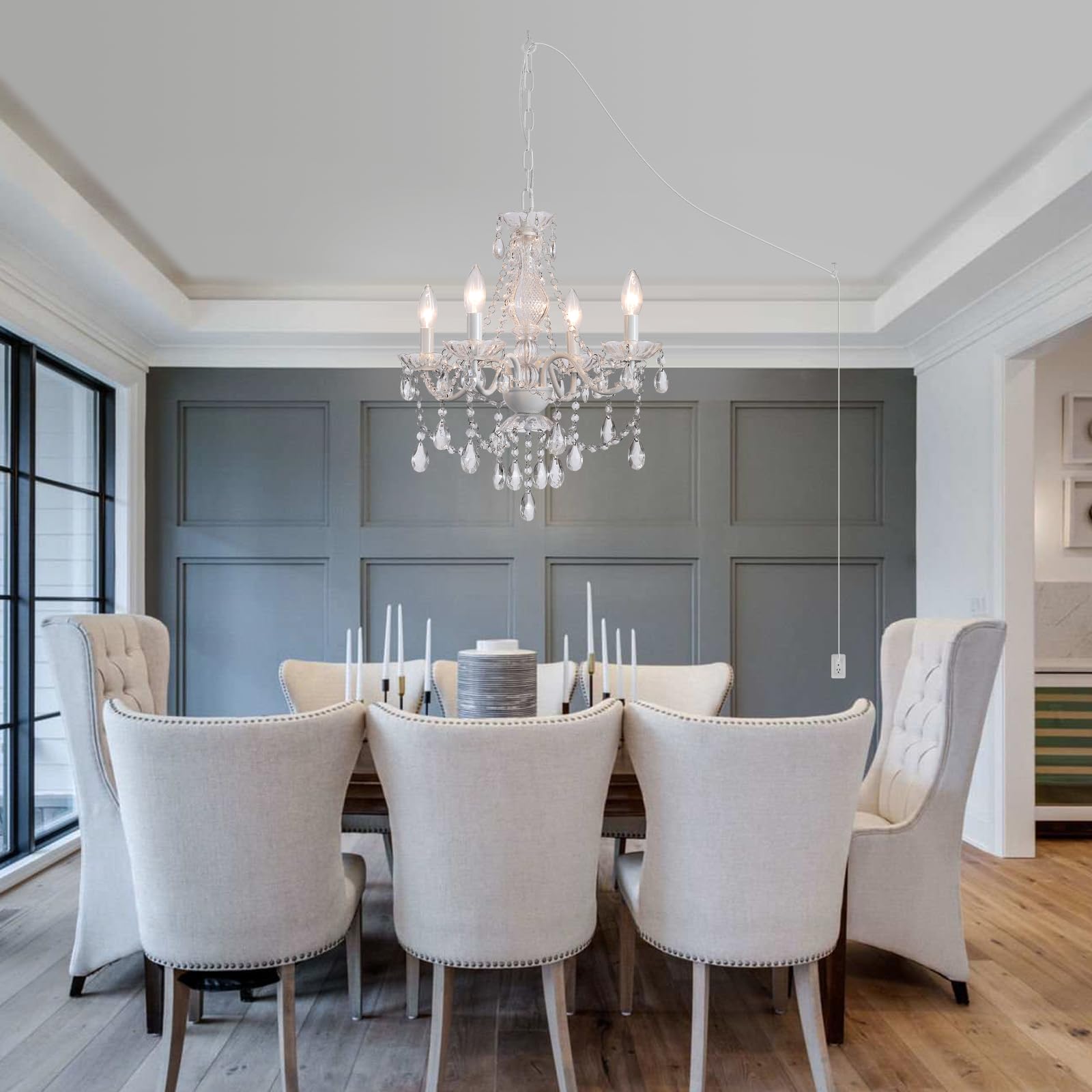 AMZASA Crystal Chandelier, 4 Light White Pendant Light, 19.9"W x 18.1"H, Clear Cord, Ideal for Kitchen, Dining, Wedding, Mini Room