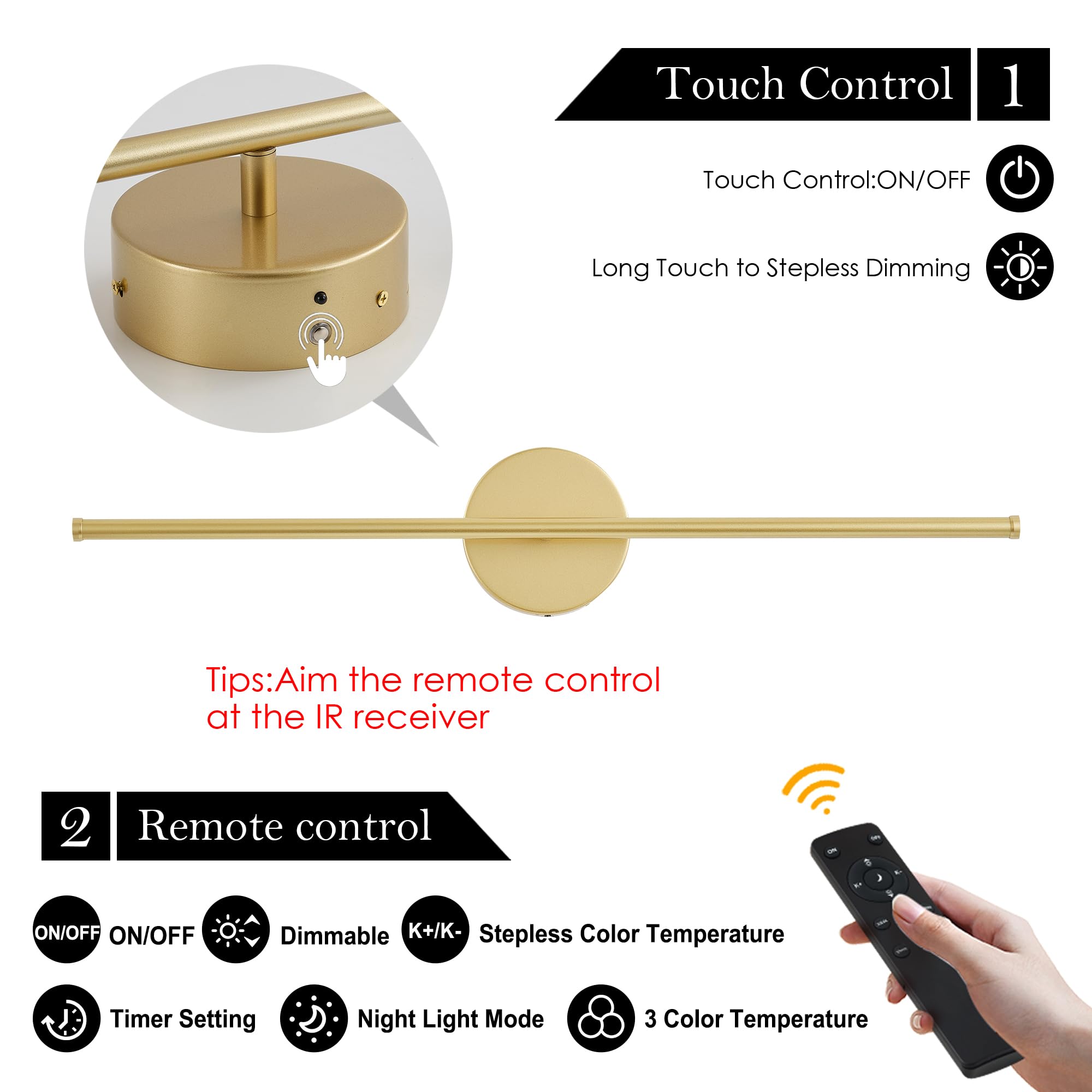 KARTOOSH Wall Sconces with Remote Control, 350° Rotate, 3 Color Temperatures, 28.3 Inch, Gold, Metal, 2 Pack, Model ZM326