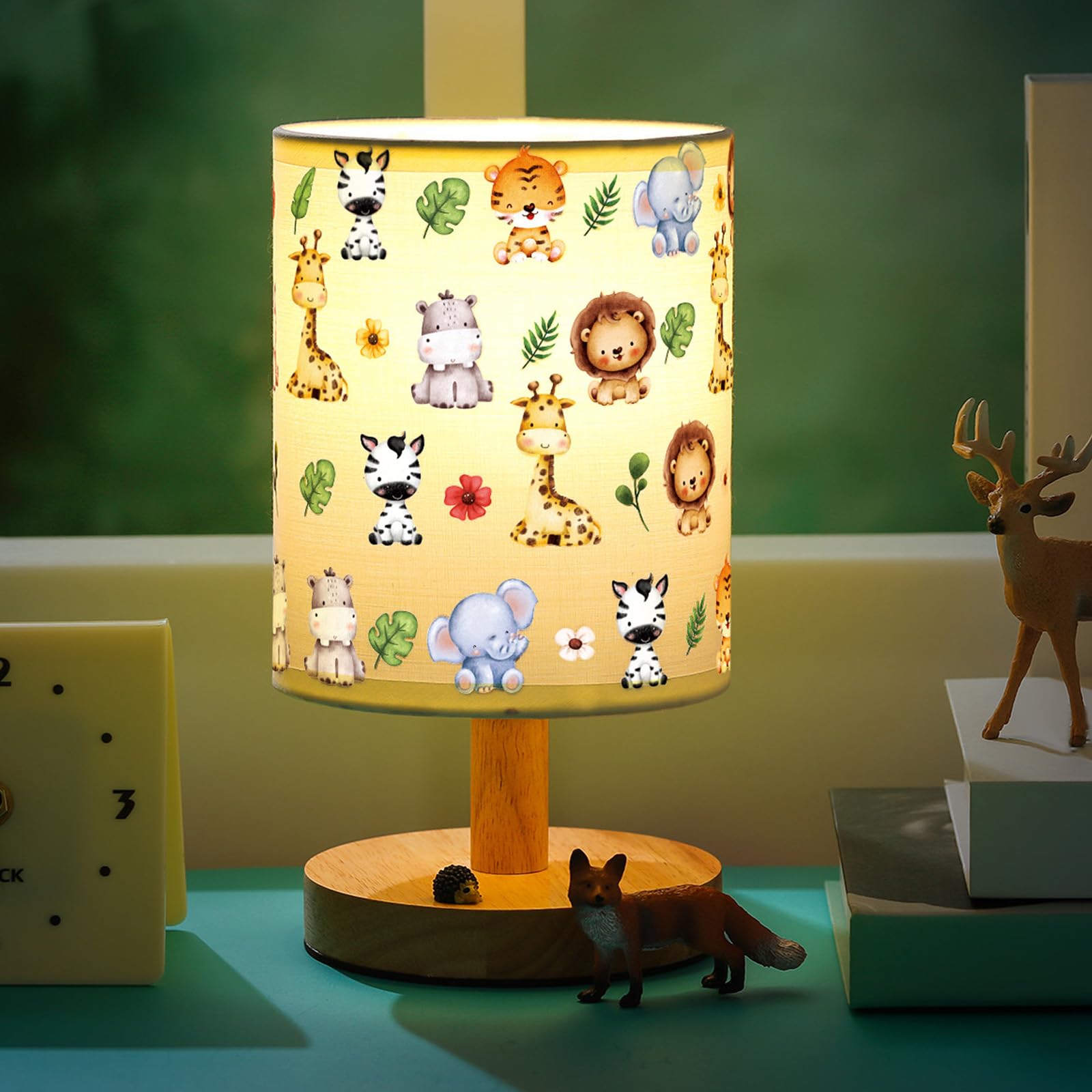 VIHOSE Safari Animal Table Lamp for Bedroom Kids Bedside Lamp with Linen Wooden Nightstand Lamp Cartoon Nursery Lamp Lampshade f