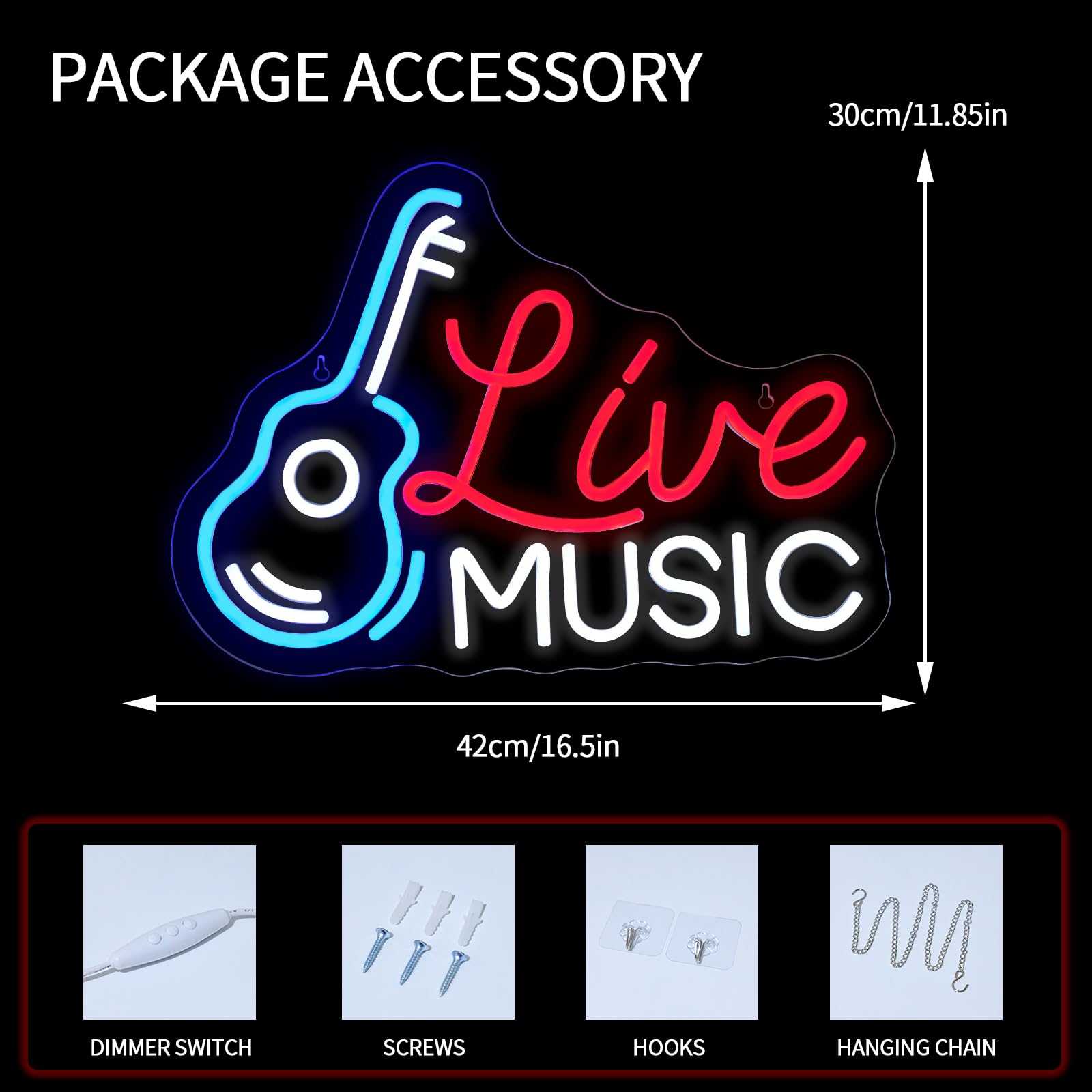 Virlusy Live Music Neon Sign - Dimmable LED Wall Decor, Acrylic, Red Blue White, Model YL-Live Music, Ideal for Studio, Bar, Party