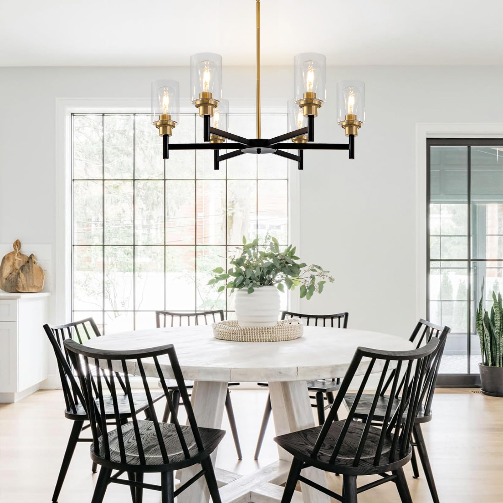 Hccz 6 Light Dining Room Light Fixture Black & Brushed Brass Gold Farmhouse Chandelier Over Table Modern Hanging Pendant Lightin
