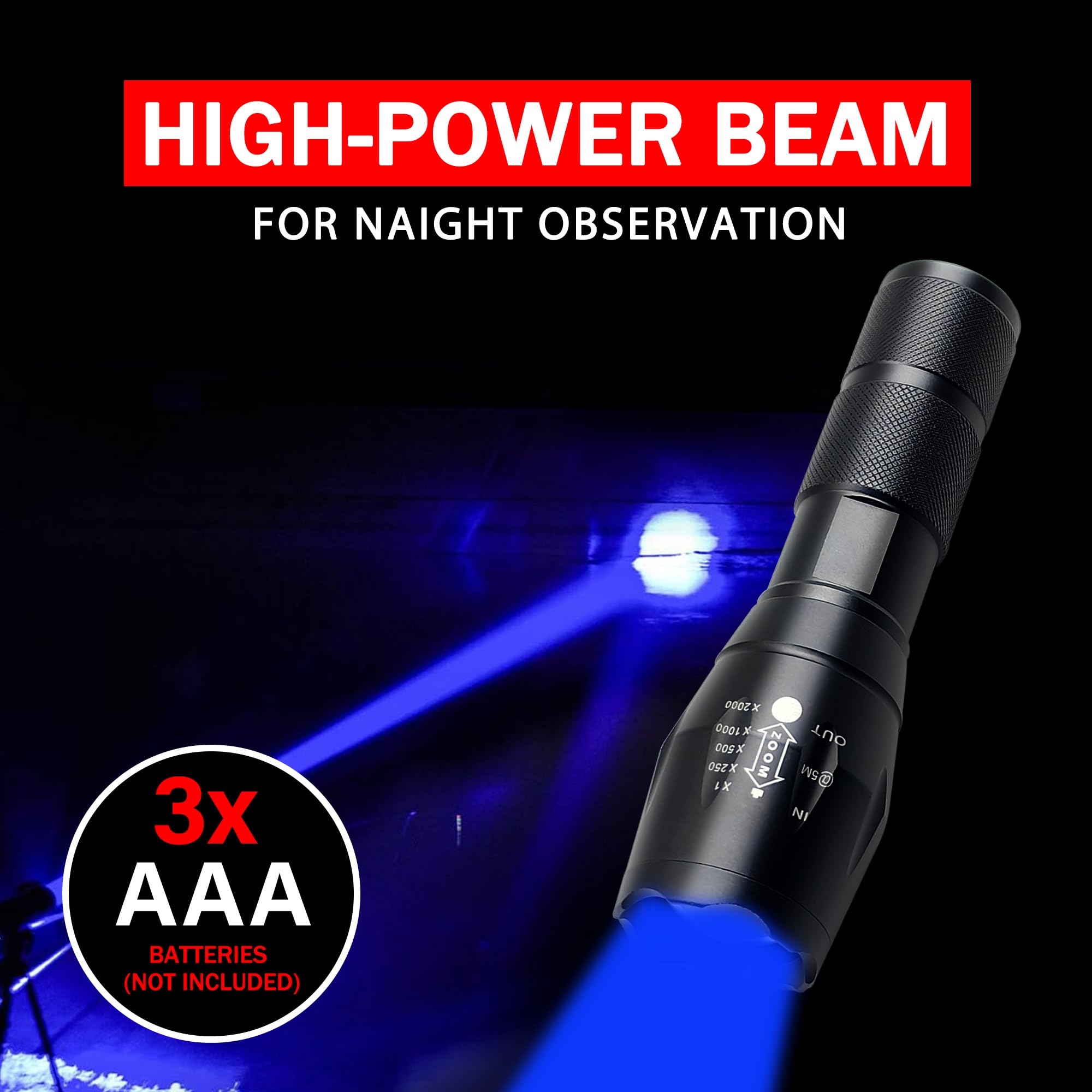 Souyos High Power Blue LED Flashlight, Zoomable, Aluminum, Model Souyos-GRBV2537, Long Range for Night Hunting and Fishing