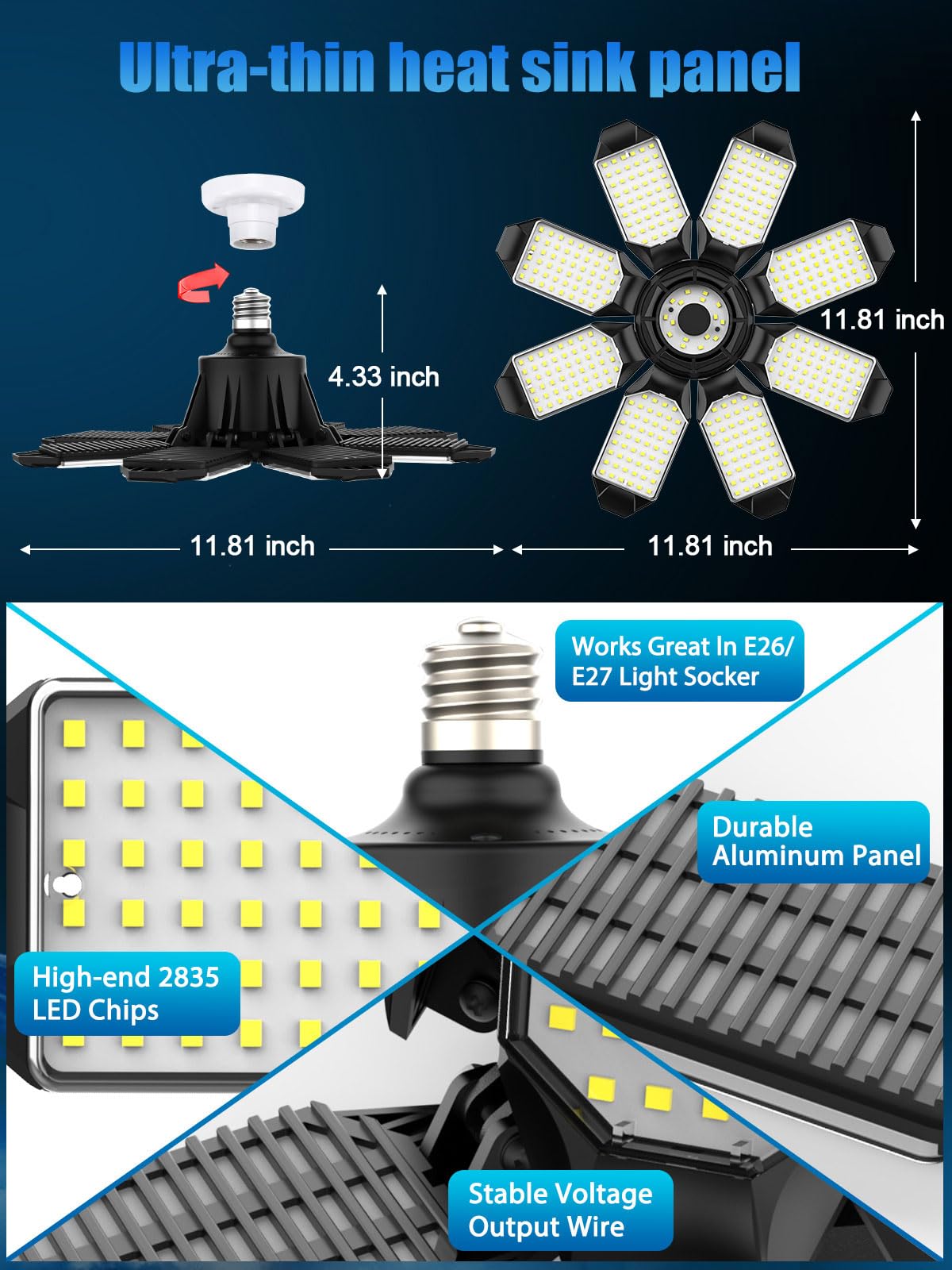 Tanbaby 260W Led Garage Lights 2 Pack, Total 52000Lm Deformable Best Garage Light Ceiling Led Shop Lights, E26/E27 Screw In Led Light Garage Lighting With 8+1 Panels Garage Bulb For Basement, Attic