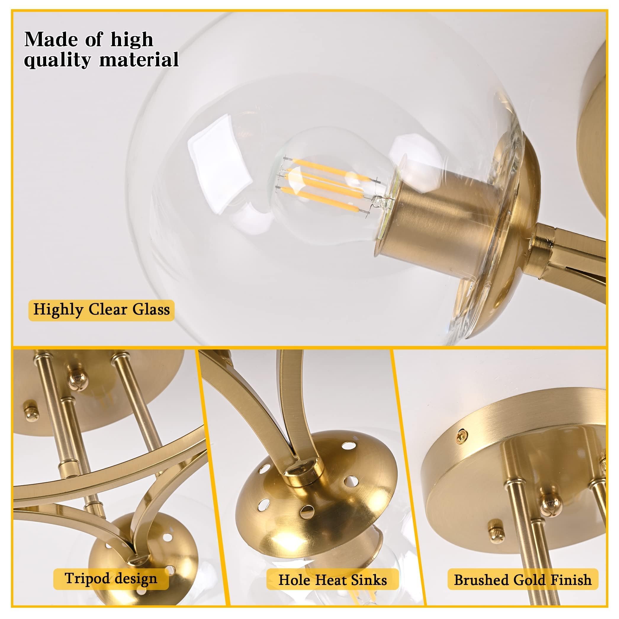 Bagood Mid Century Modern Ceiling Light Clear Globe Semi Flush Mount Ceiling Light Gold Sputnik Light Fixture Chandeliers Clear Glass Brushed Brass Chandeliers Living Room Dining Room Bedroom 3 Lights
