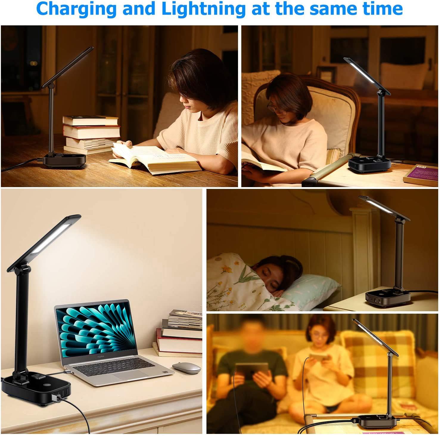 Yostyle LED Desk Lamp with 4 USB Ports, 2 AC Outlets, Touch Control, Black, Model SPMKJ-07