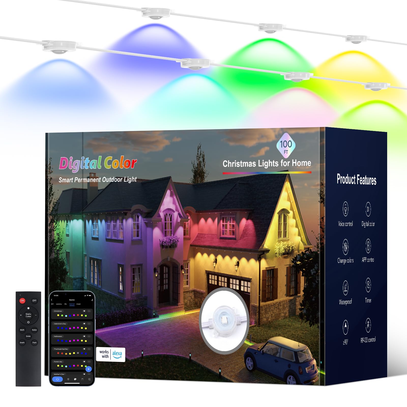 Isablelala Permanent Outdoor Lights, 100ft with 60 RGB LED Lights for Christmas and Daily, 49 Scene Modes+DIY for Christmas Deco