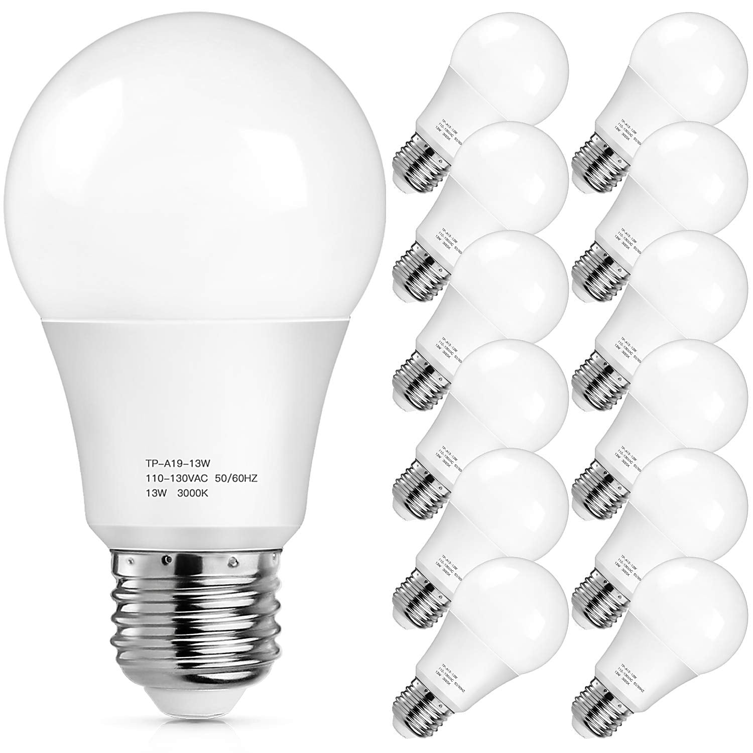MAXvolador A19 LED Light Bulbs 100-125W Equivalent, 3000K Soft White, 13W, 1500 Lumens, E26 Base, Pack of 12