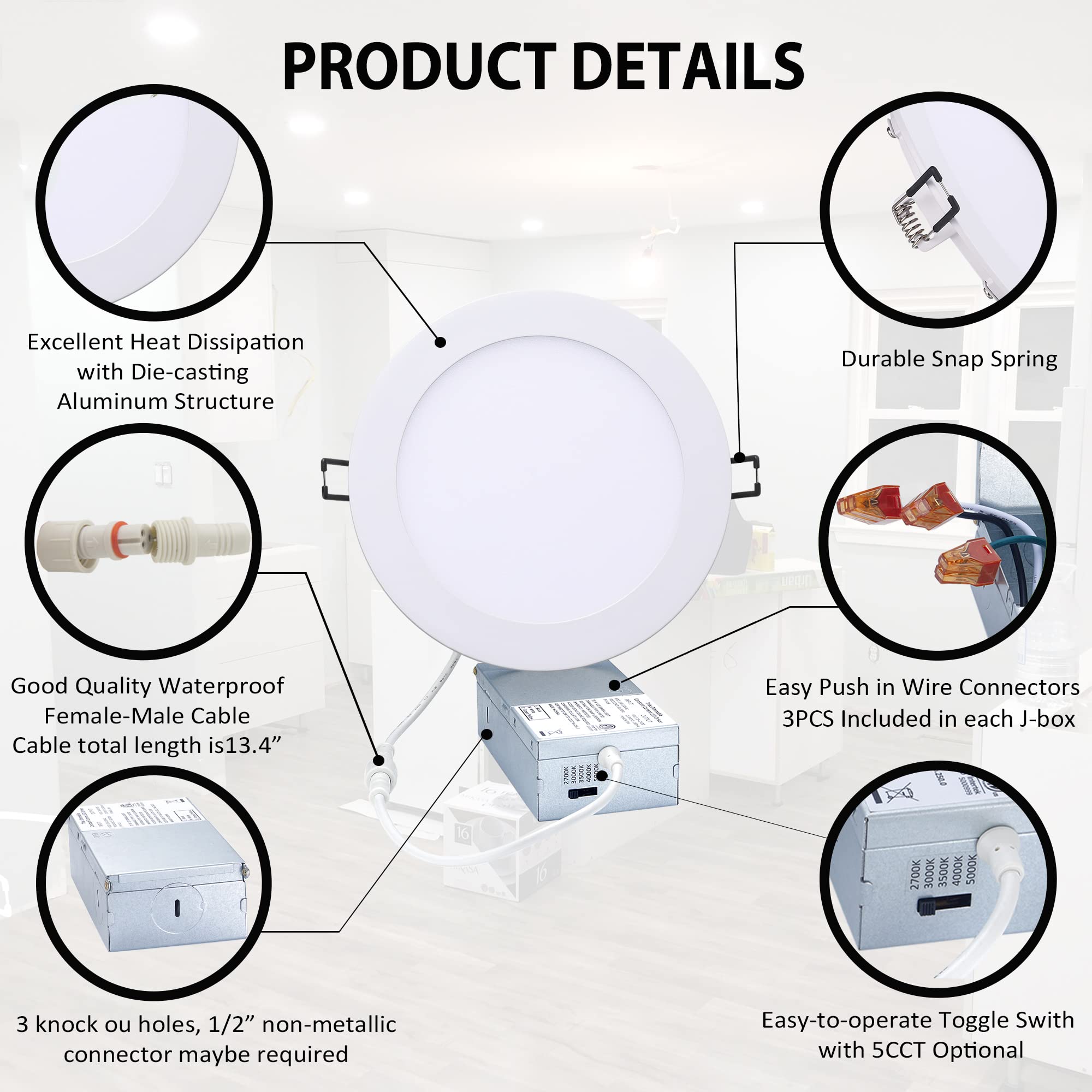 Popanu Led Canless Recessed Downlight Ultra-Thin 6 Inch 5 Cct Adjustable Ceilling Wafer Light With Junction Box, 12W Color Tempe