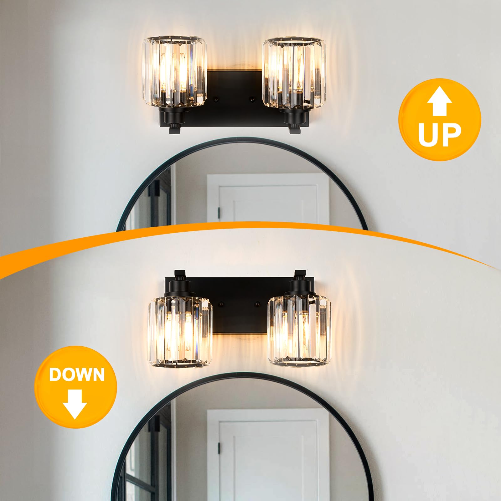Haolaike 2-Lights Black Crystal Bathroom Vanity Light Fixture Over Mirror, Metal, Model 134384f2