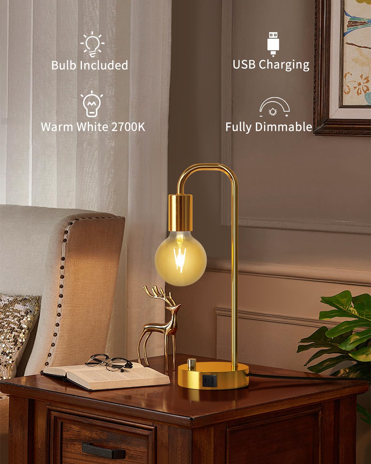 Onewish Industrial Table Lamp Set Of 2 With Usb A&C Charging Port, Stepless Dimmable Nightstand Bedside Lamps For Bedroom,Desk L
