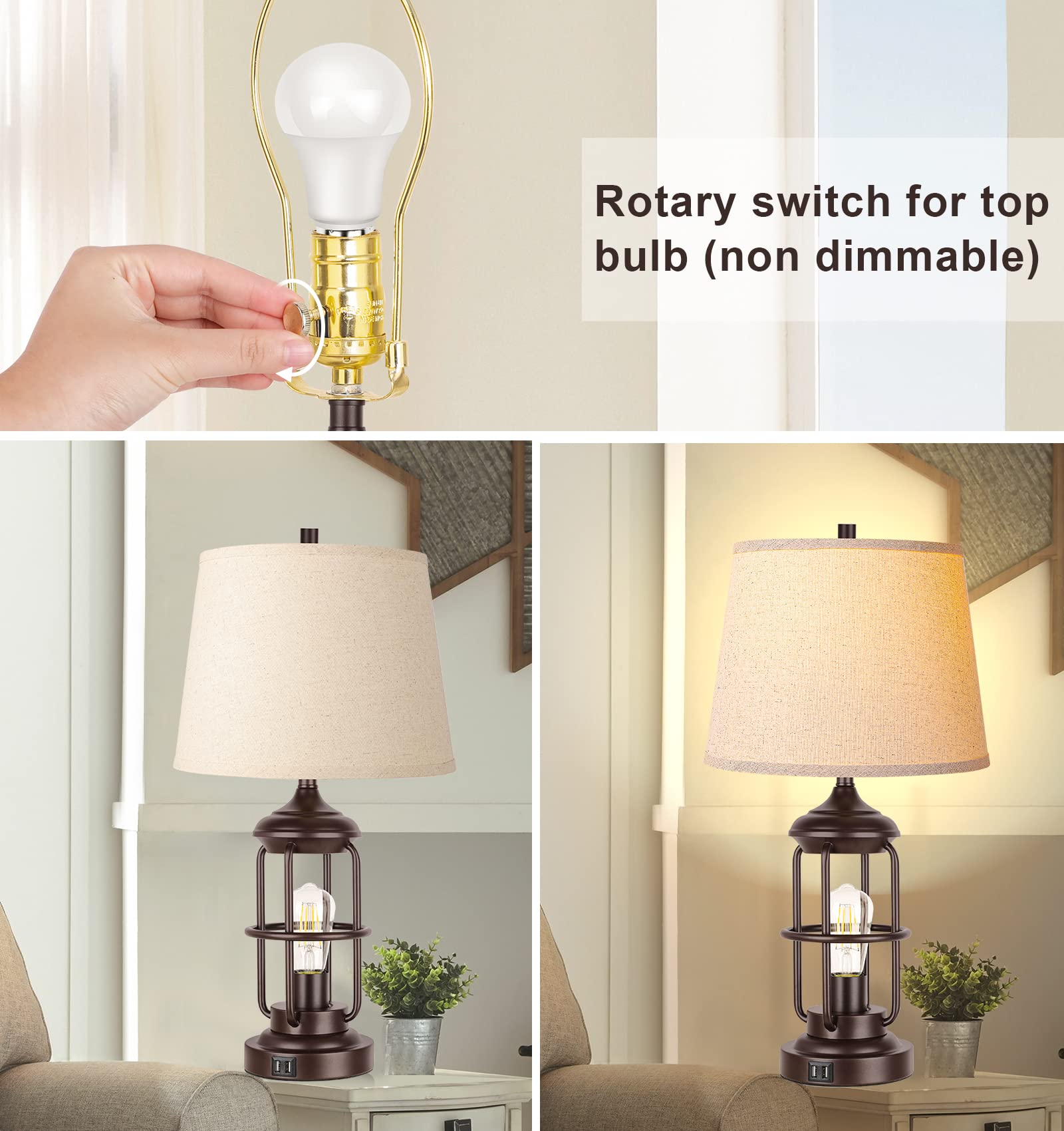 QiMH Table Lamp Set of 2, USB Ports, Touch Control, 3-Way Dimmable, Metal, Beige, Rustic Nightstand Lamps for Living Room Bedroom Decor