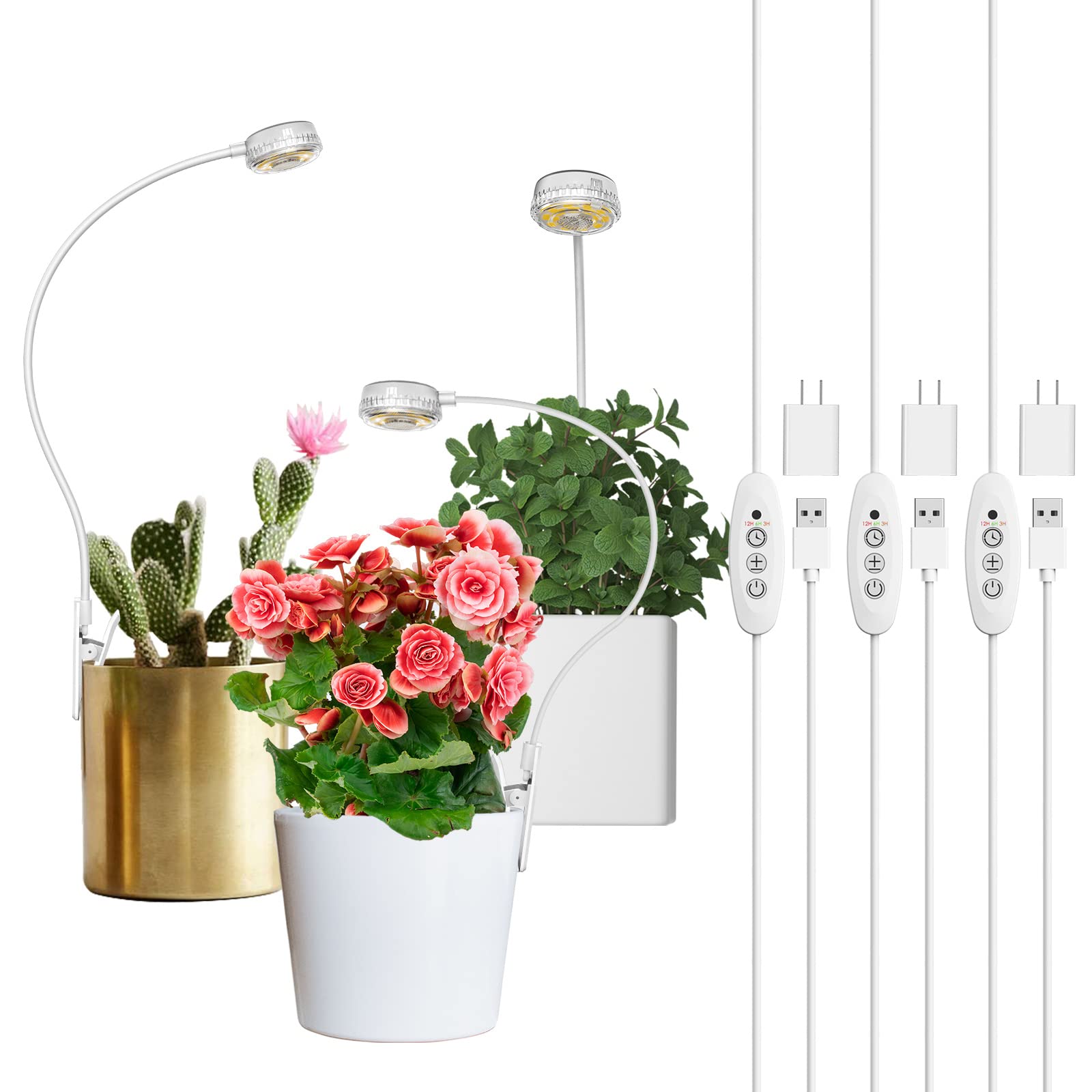 SANSI Grow Lights for Indoor Plants, LED Plant Lamp, 4-Level Dimmable, Timer, 3-Pack, White, Model C23ZW013-T0005A27