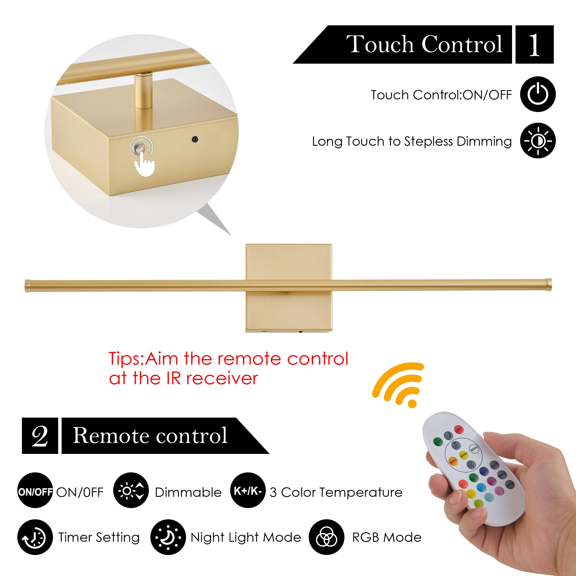 KARTOOSH Wireless Wall Sconces Set of Two, Dimmable LED, 28.3 Inch, Gold (RGB Colors), Remote Control, Model ZM210BGDR70