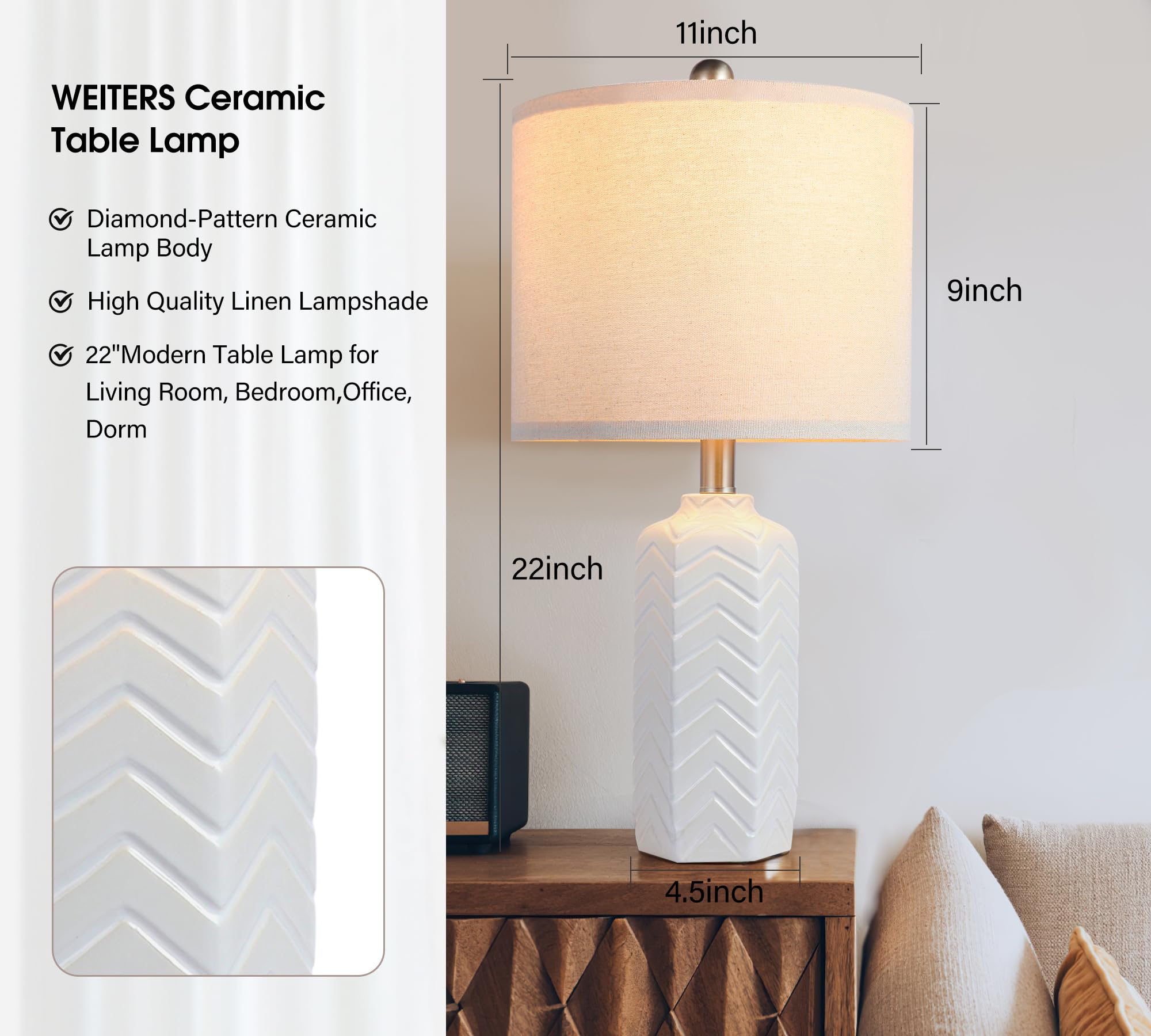 Weiters 22'' Modern Ceramic Table Lamp White Nightstand Lamp Set Of 2 Farmhouse Bedside Lamps For Bedroom End Table Lamps For Li