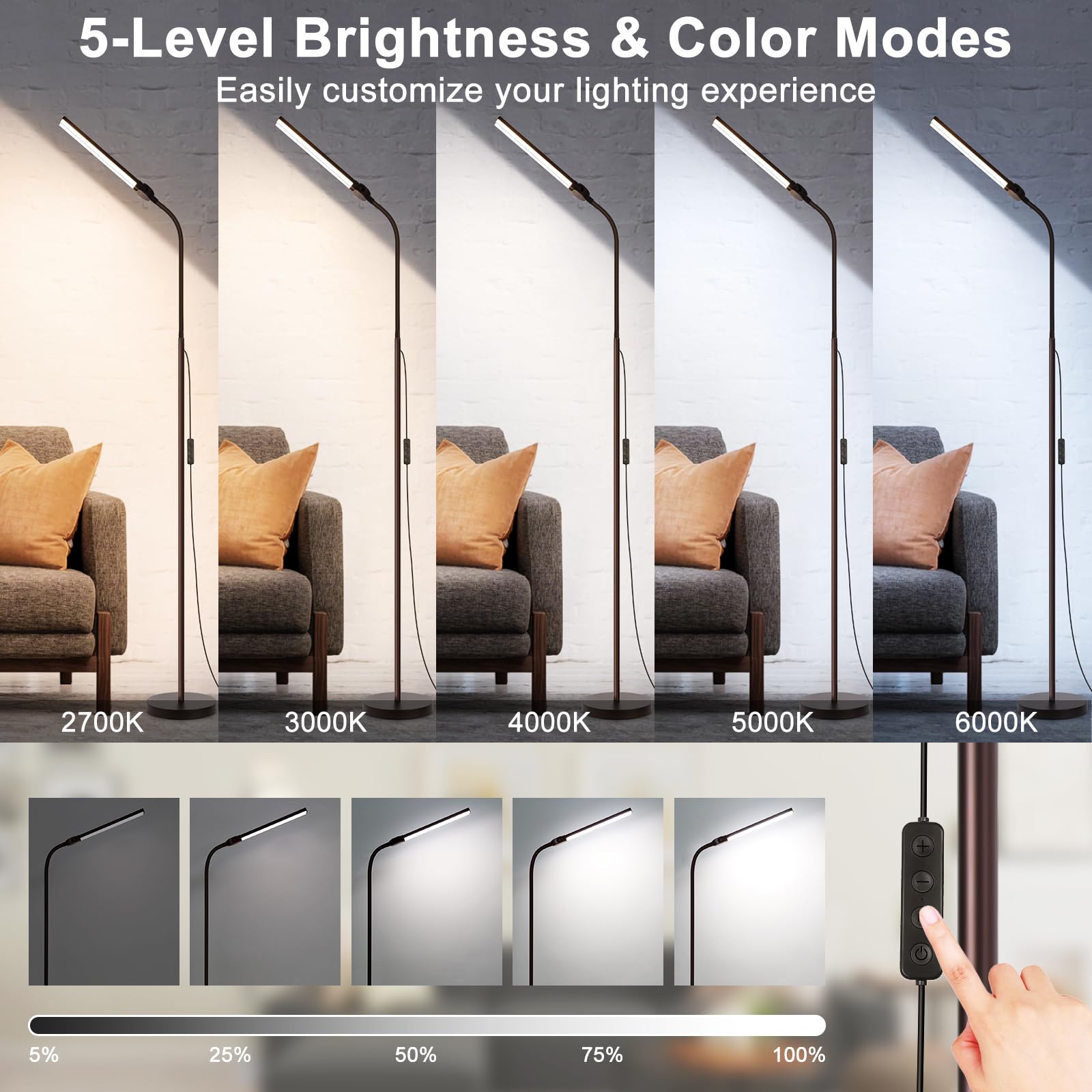 Floor Lamp, 15W/1800Lm Bright Led Floor Lamp With Double Head, Adjustable Gooseneck Dimmable Craft Light For Sewing Tatoo Makeup