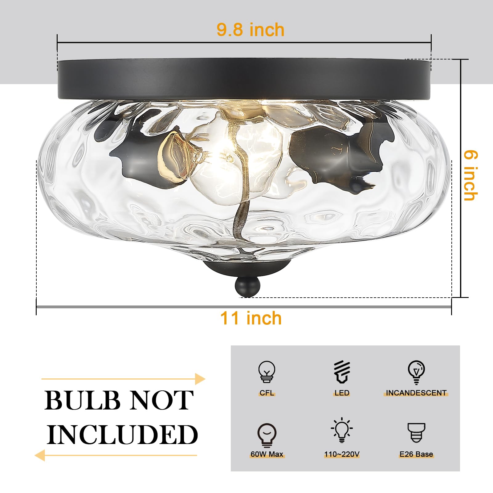 Darkaway Flush Mount Ceiling Light Fixture, Water Ripple Glass Shade, 11 inch, Metal, Black Finish, Model 6T1F, Indoor/Outdoor Use