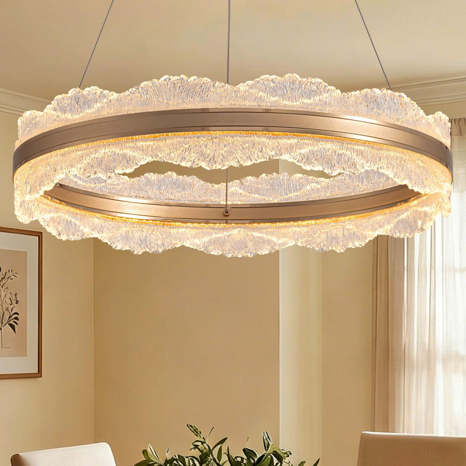 Gold Chandelier Light Fixture 23.6 Modern Led Chandelier 3 Colors Dimmable Chandeliers for Dining Room Contemporary Pendant Ceil