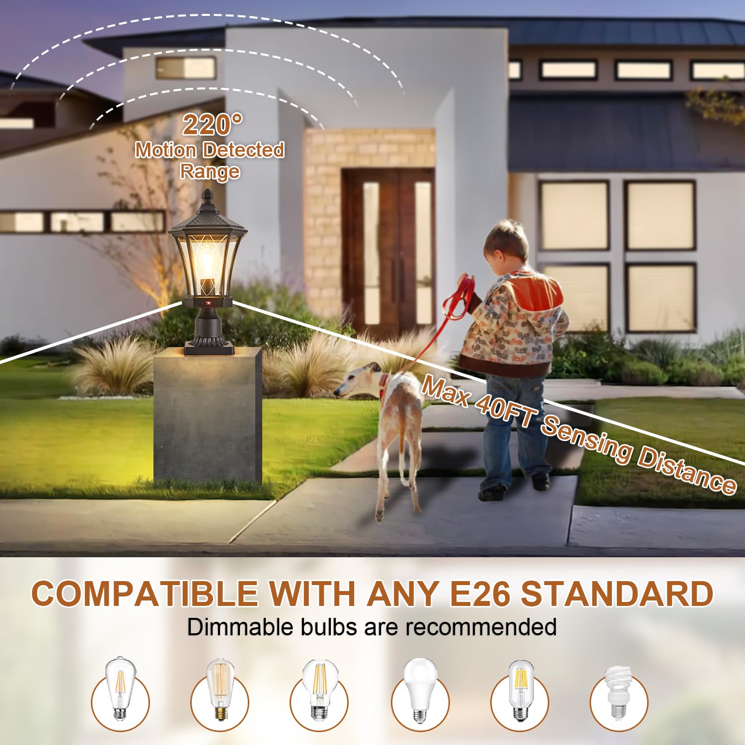 Scnycul Motion Sensor Outdoor Post Lights With Pier Mount Base, Dusk To Dawn Outdoor Pillar Lamps Waterproof Exterior Post Lamp