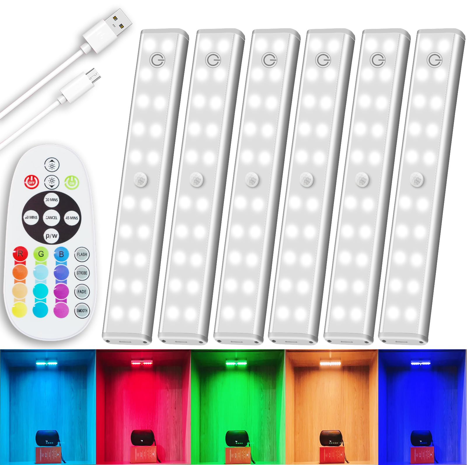 LAJOSO LED Under Cabinet Lights, Dimmable, Wireless, 6 Pack, 15 Color RGB Light Bars, Aluminum, Model 8126