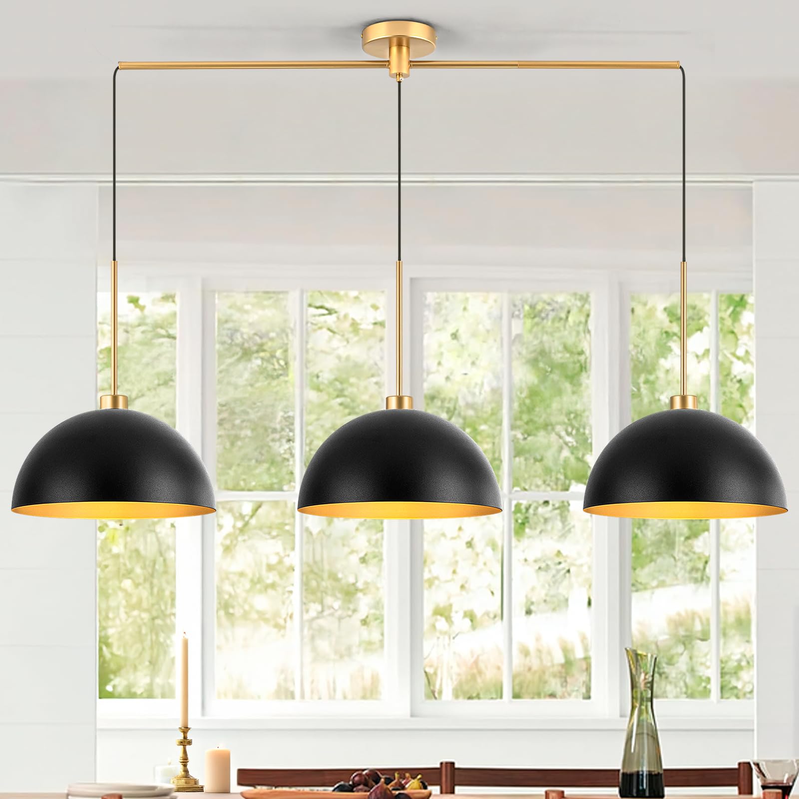 Ymlii Farmhouse Pendant Lights  3-Light Black and Gold Dome Pendant Light Fixtures Industrial Kitchen Island Lighting for Dining Room Bar  E26 Base